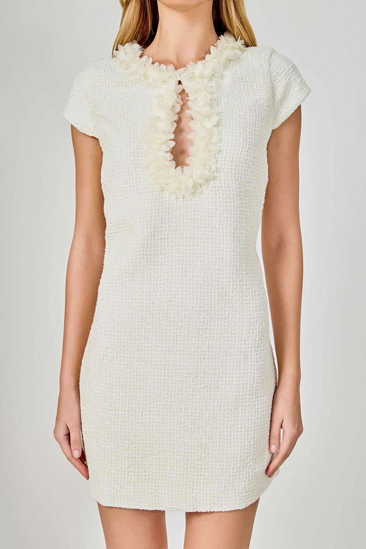 Tweed Shift Dress with Floral Trim