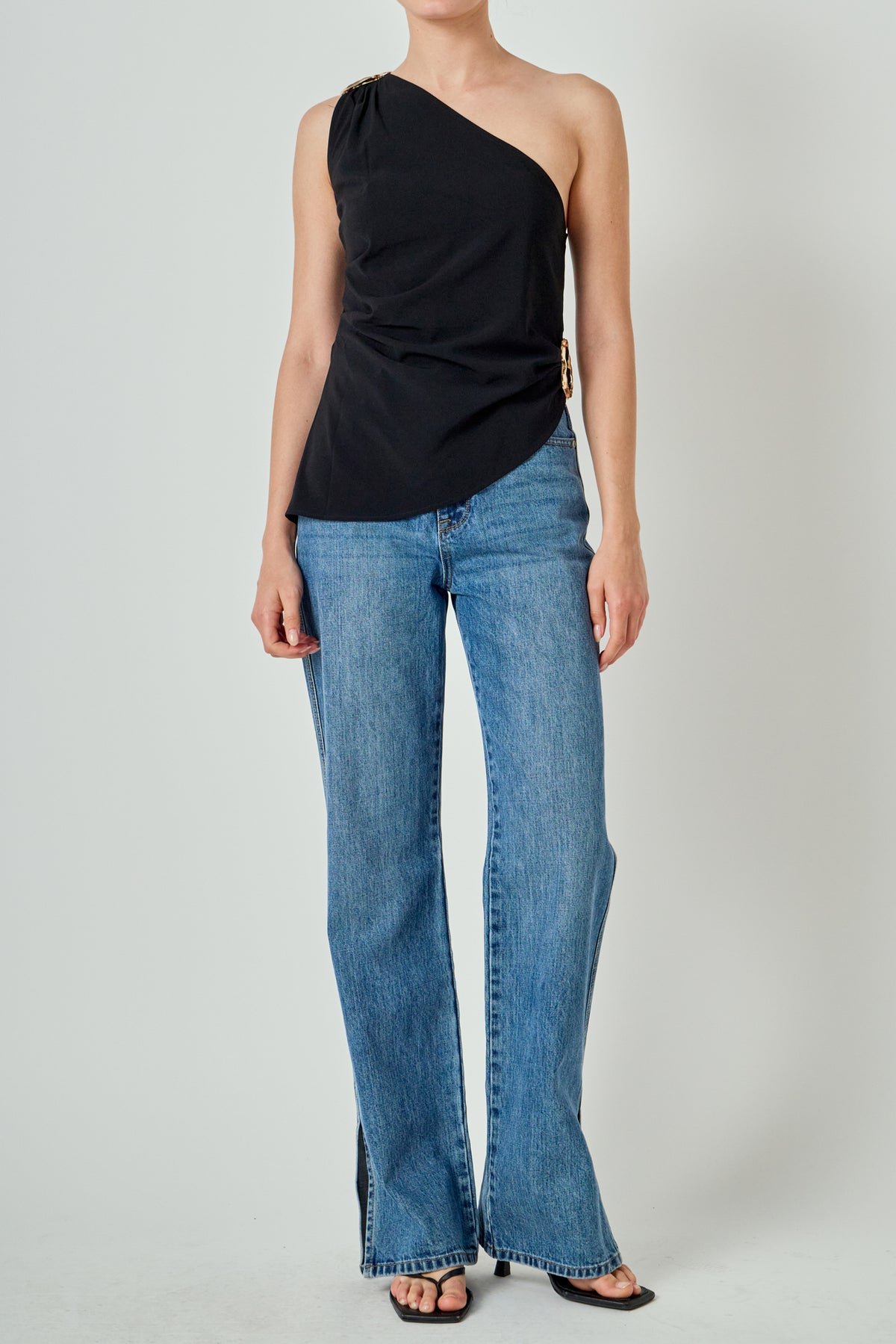 One Shoulder Ruched Top with Gold Trim
