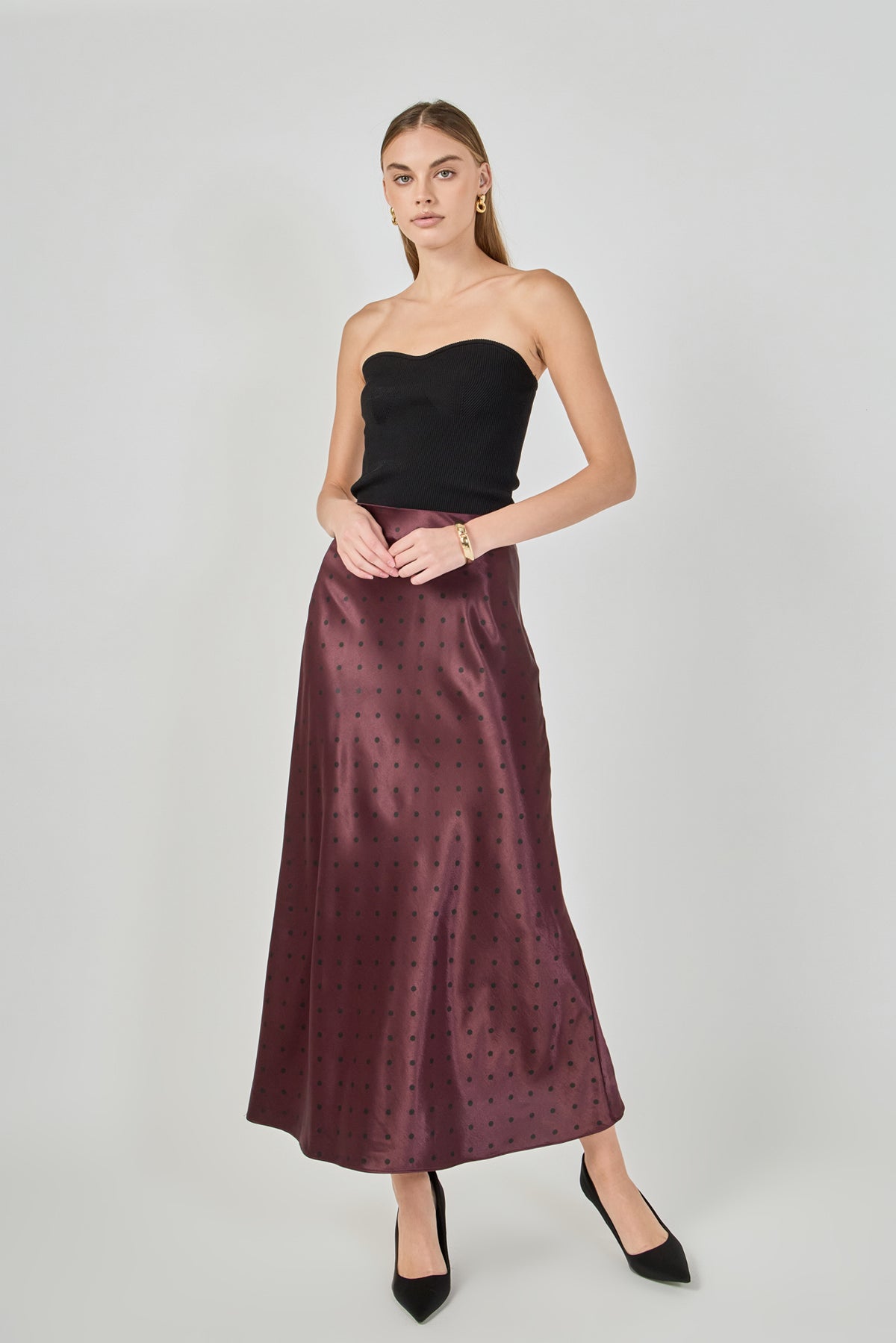 Satin Polka Dot Midi Skirt