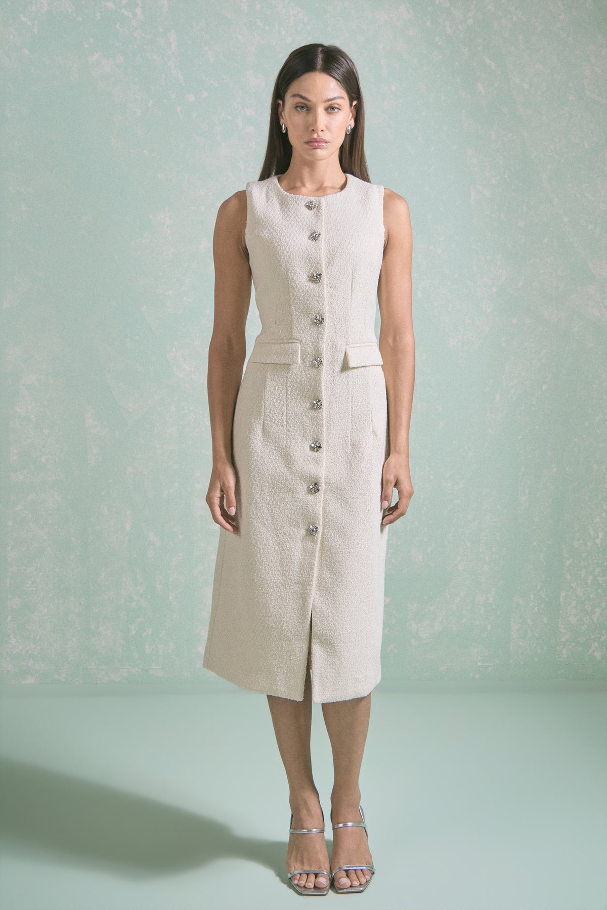 Jewel Buttoned Sleeveless Midi Dress