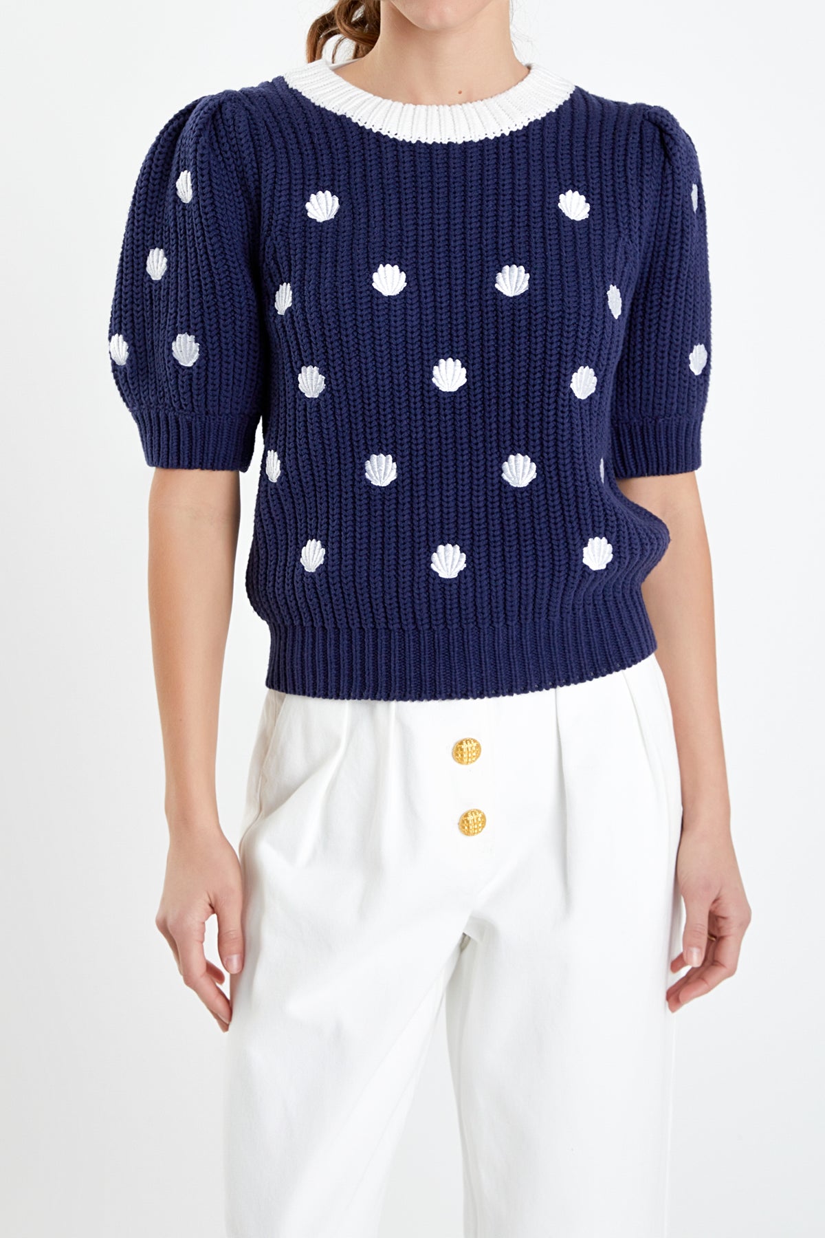 Shell Embroidered Puff Sleeve Sweater