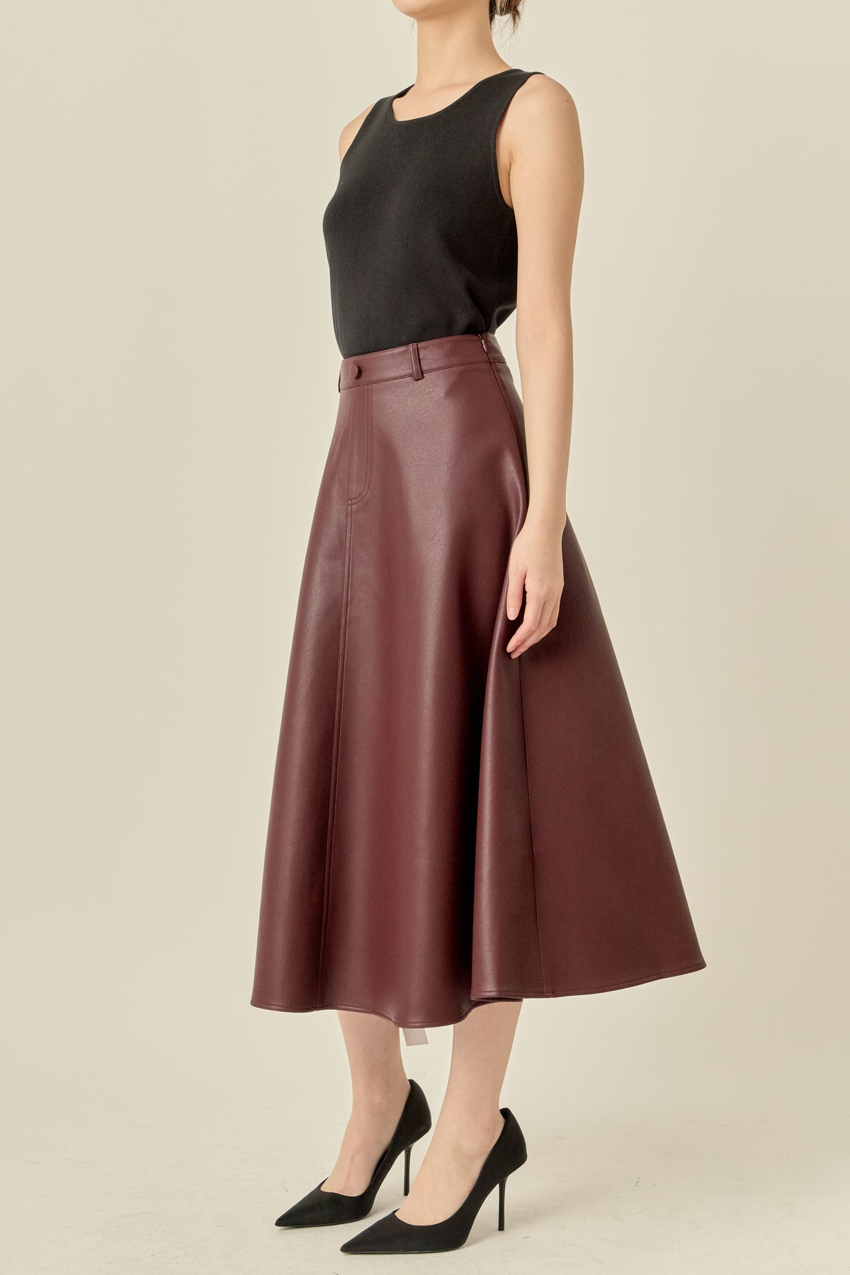 Faux Leather A-Line Midi Skirt