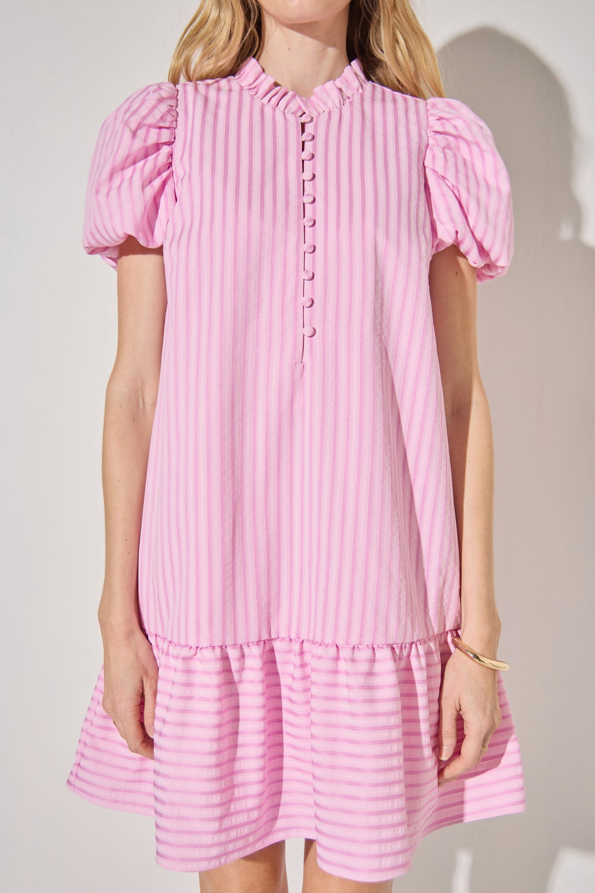 Stripe Short Puff Sleeve Mini Dress