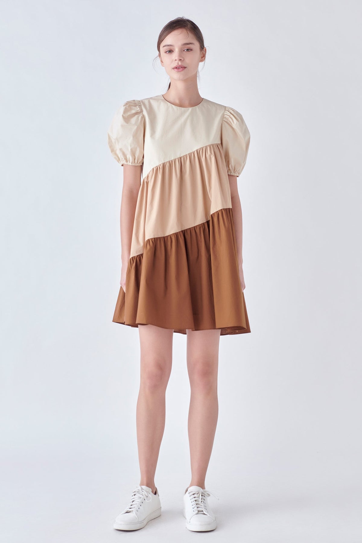 ENGLISH FACTORY-Asymmetrical Colorblock Puff Sleeve Dress-DRESSES available at Objectrare