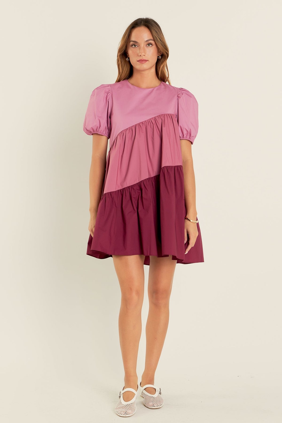 Asymmetrical Colorblock Puff Sleeve Dress