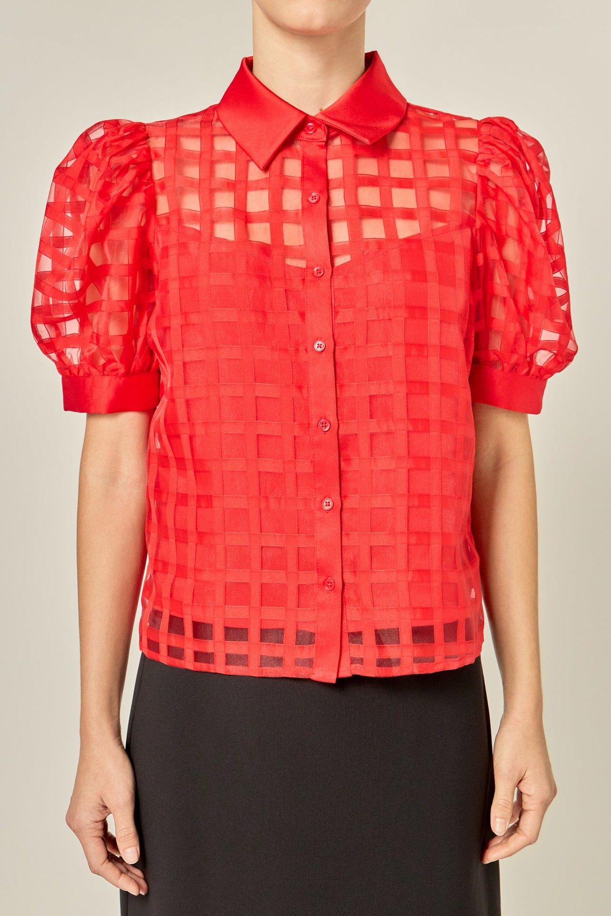 Short Sleeve Organza Grid Blouse