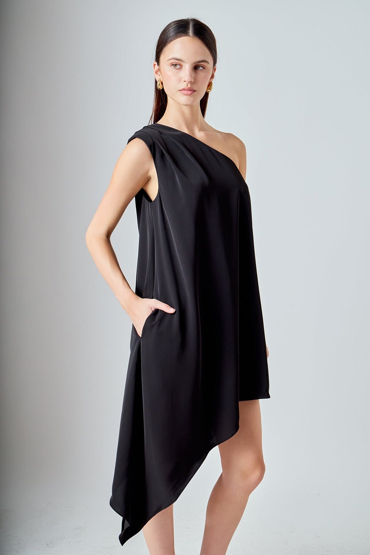 Shoulder Pintucked Asymmetrical Mini Dress