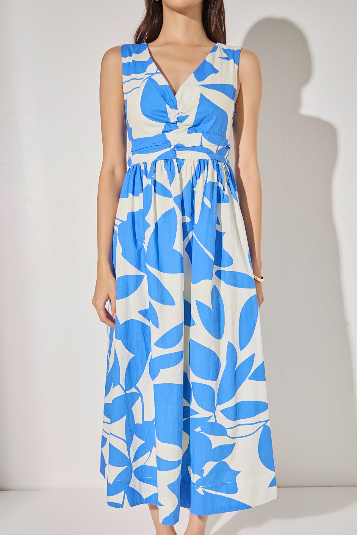 Puff Sleeve Print Ruched Midi Dress
