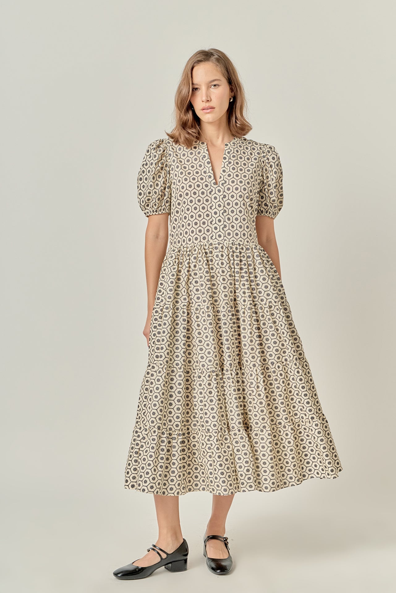 Print Puff Sleeve Midi Dress