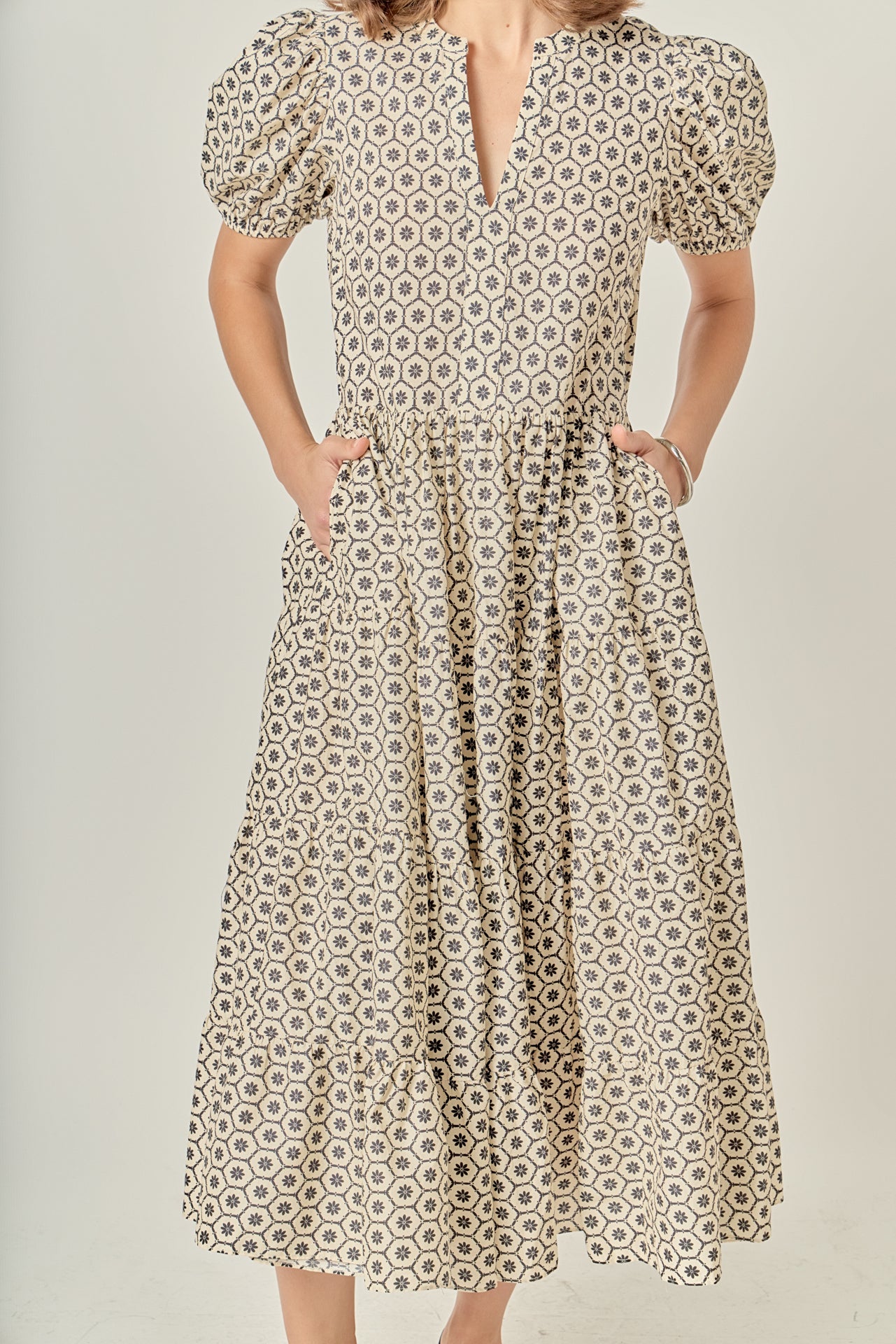 Print Puff Sleeve Midi Dress
