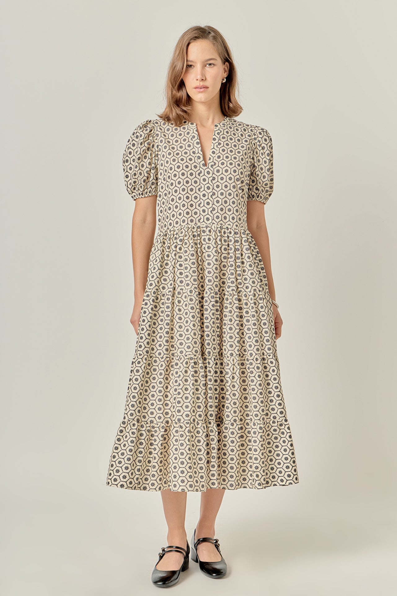 Print Puff Sleeve Midi Dress
