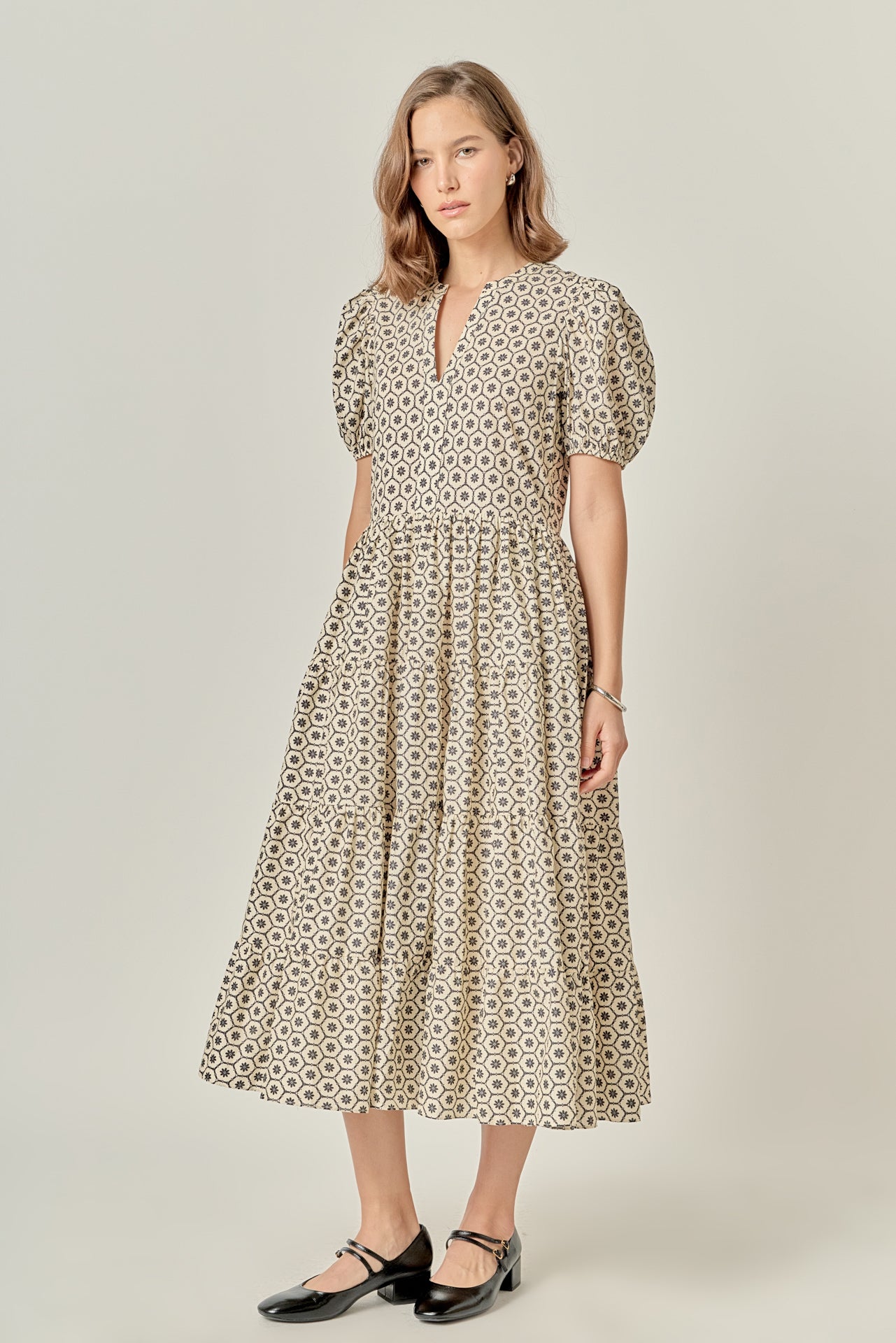 Print Puff Sleeve Midi Dress