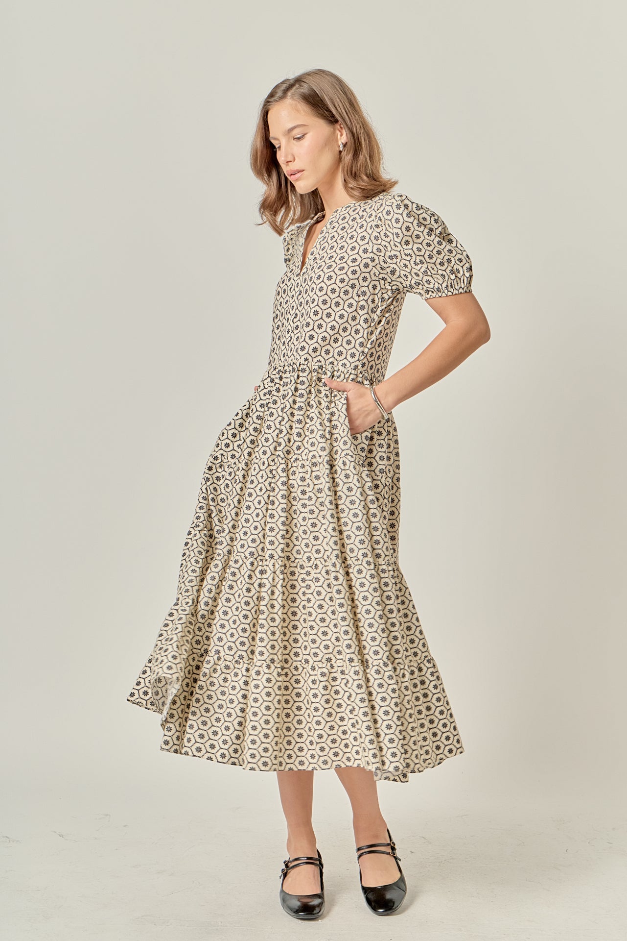 Print Puff Sleeve Midi Dress