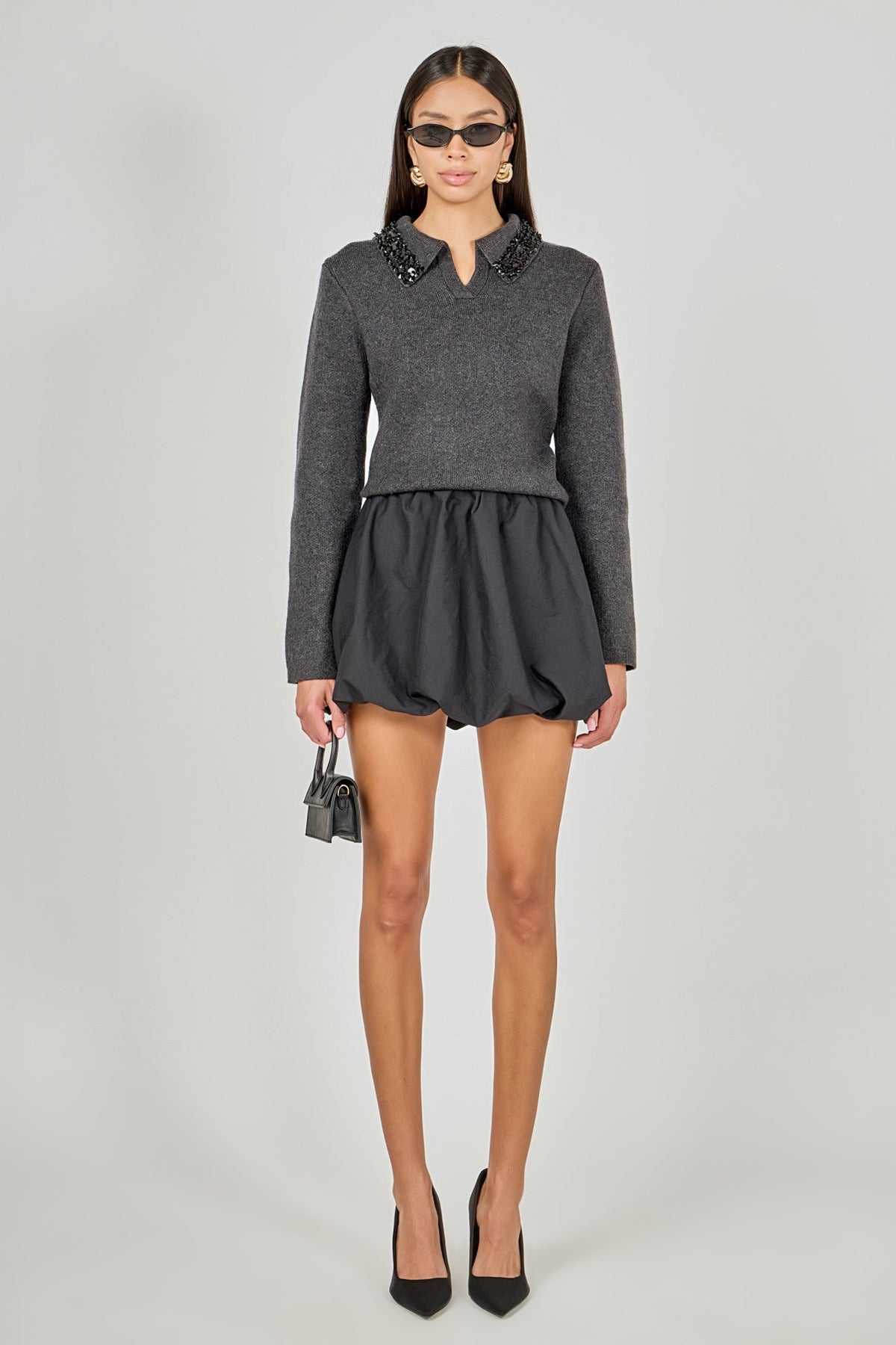 Knit Jewel Trim Collared Sweater