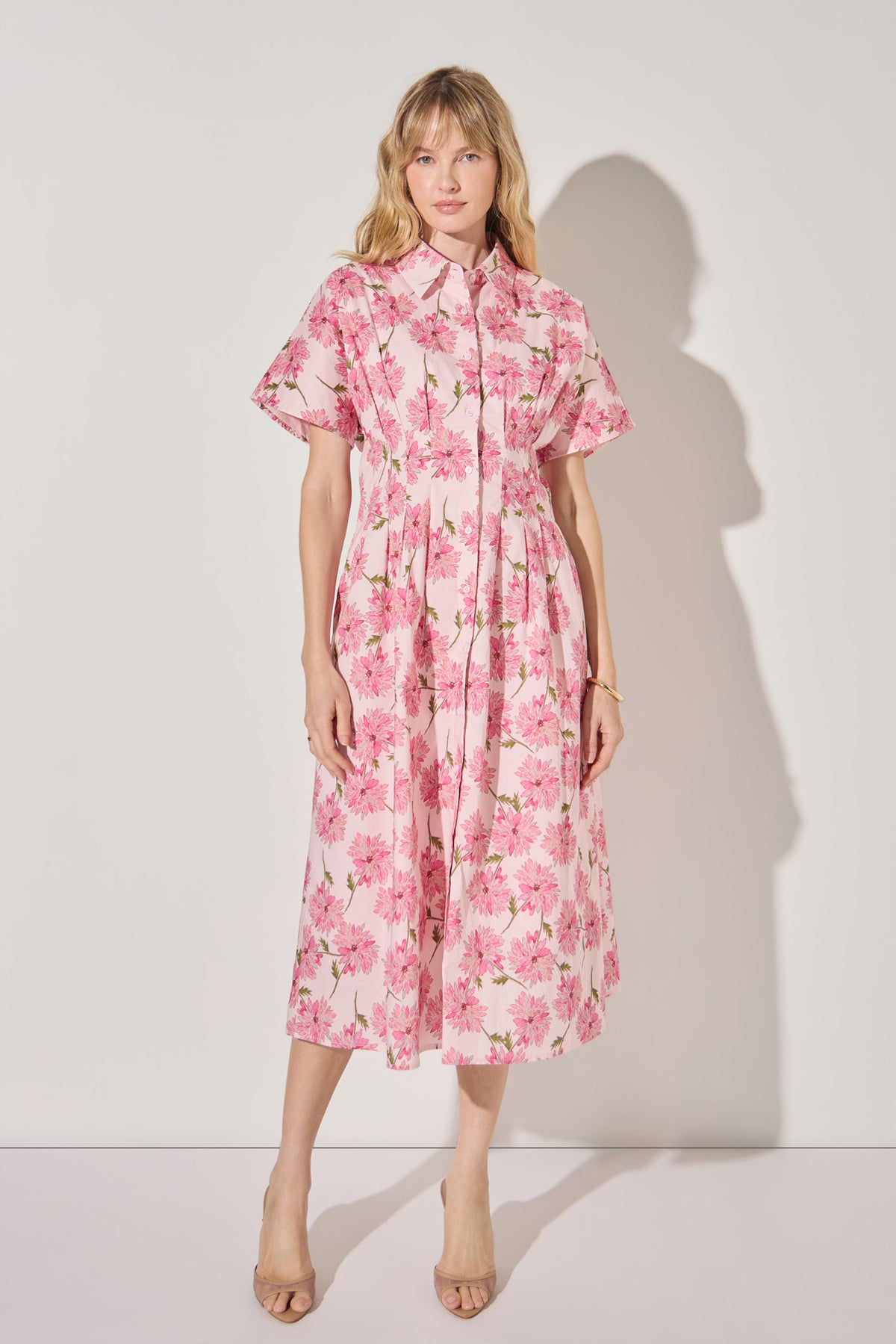 Buttoned Collared Floral Print Midi Dress