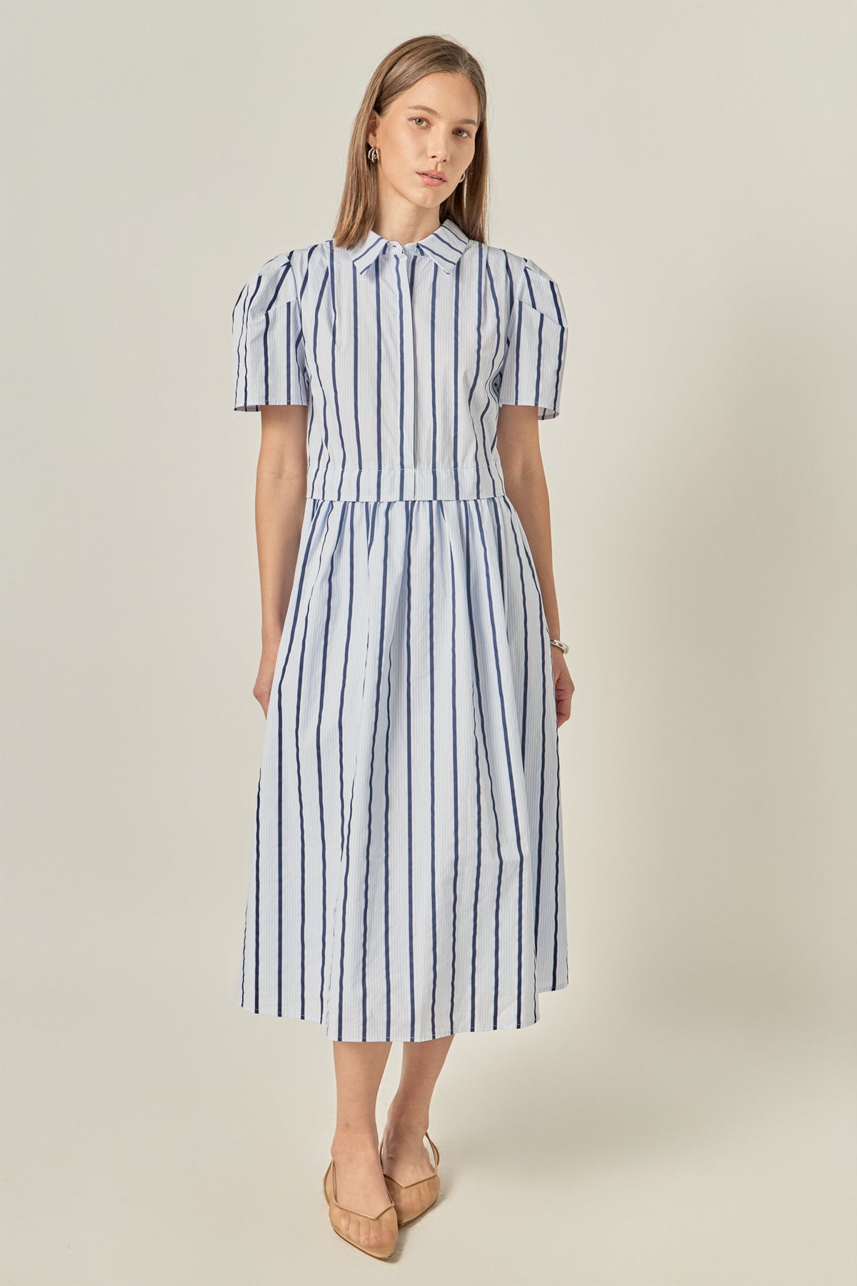 Striped Pleated Shoulder Shirt Midi Dress