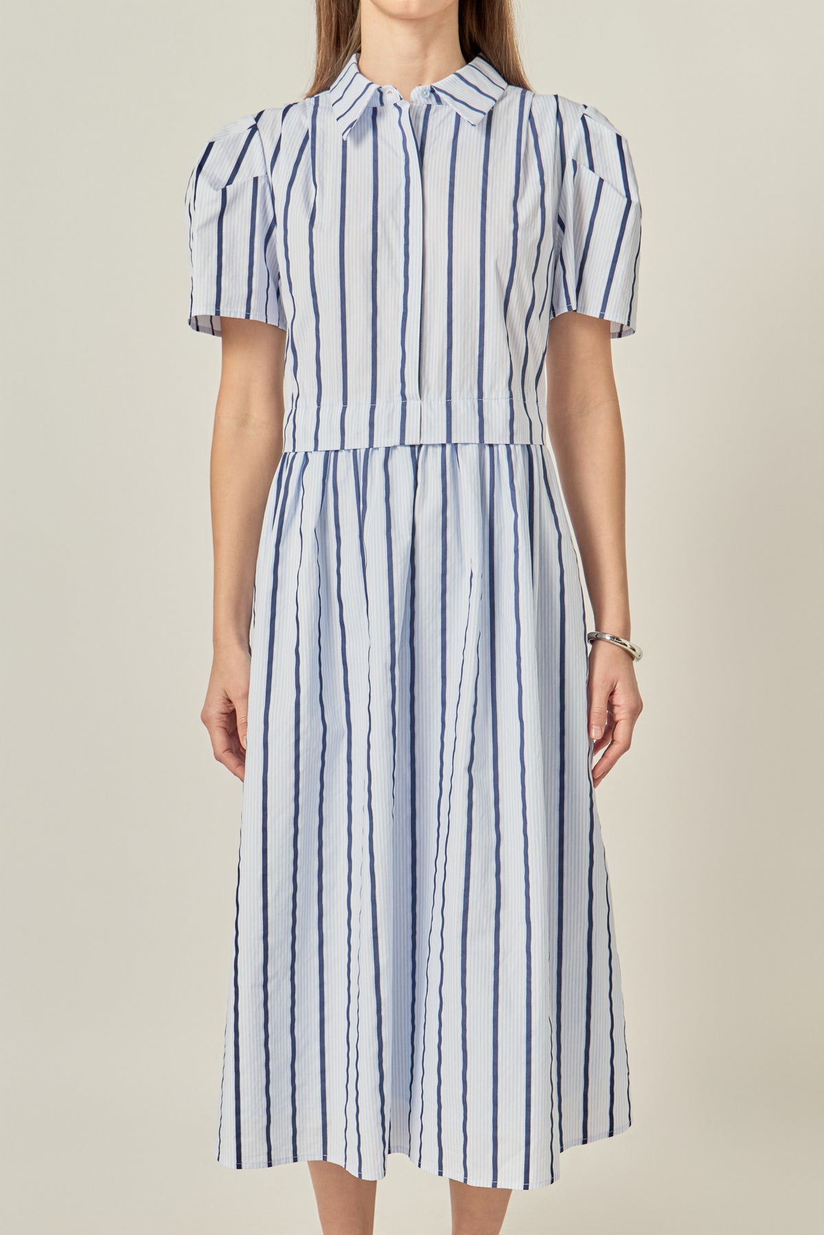 Striped Pleated Shoulder Shirt Midi Dress
