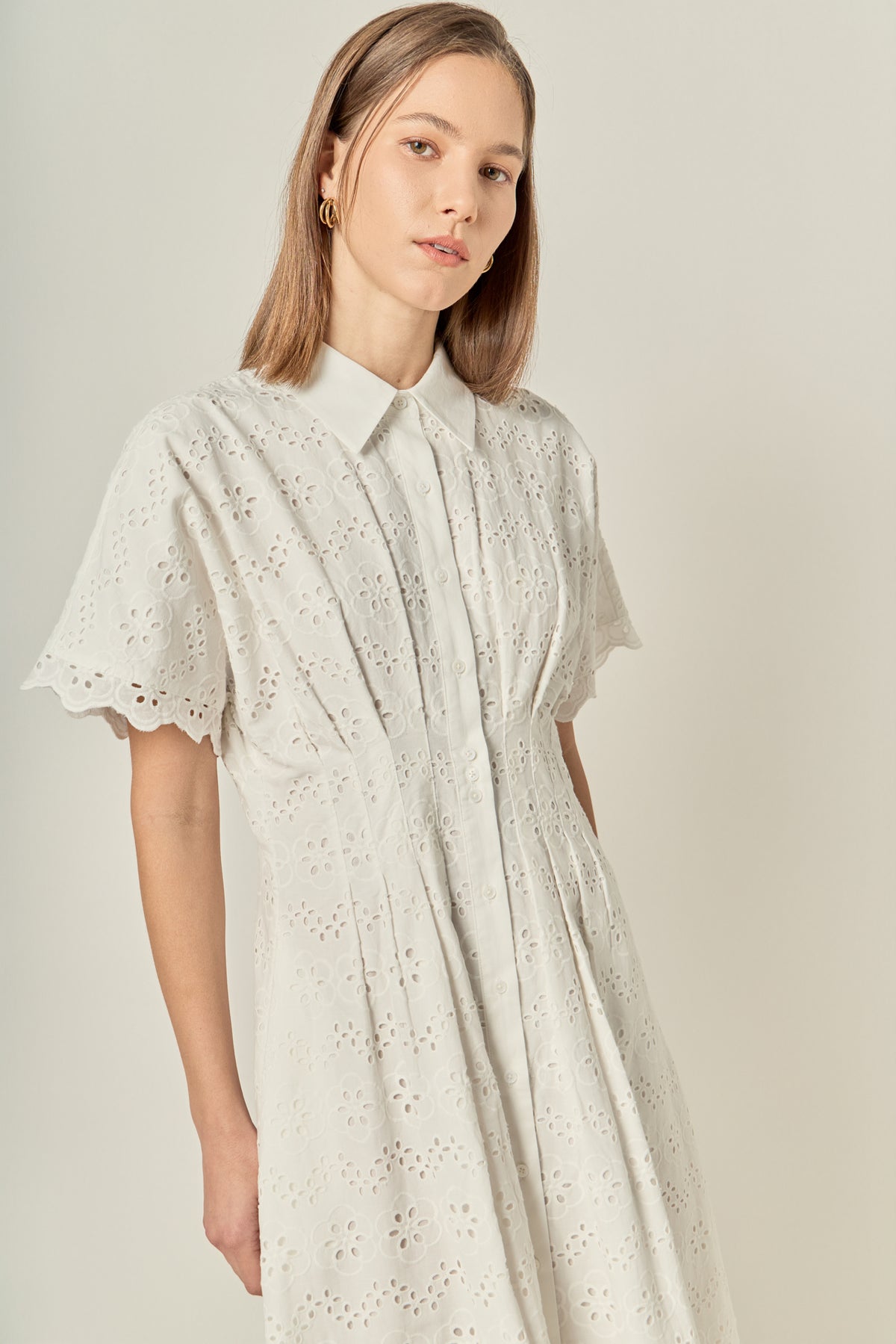 Cinched Waist Eyelet Midi Dress