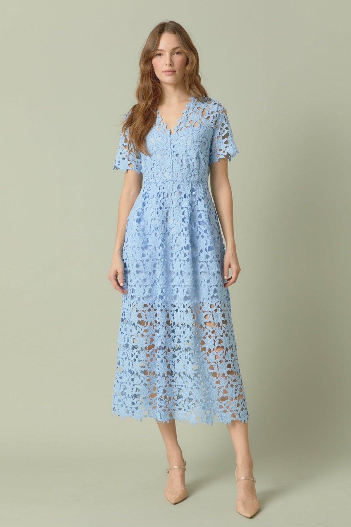 All Over Lace Short Sleeves Midi Dress