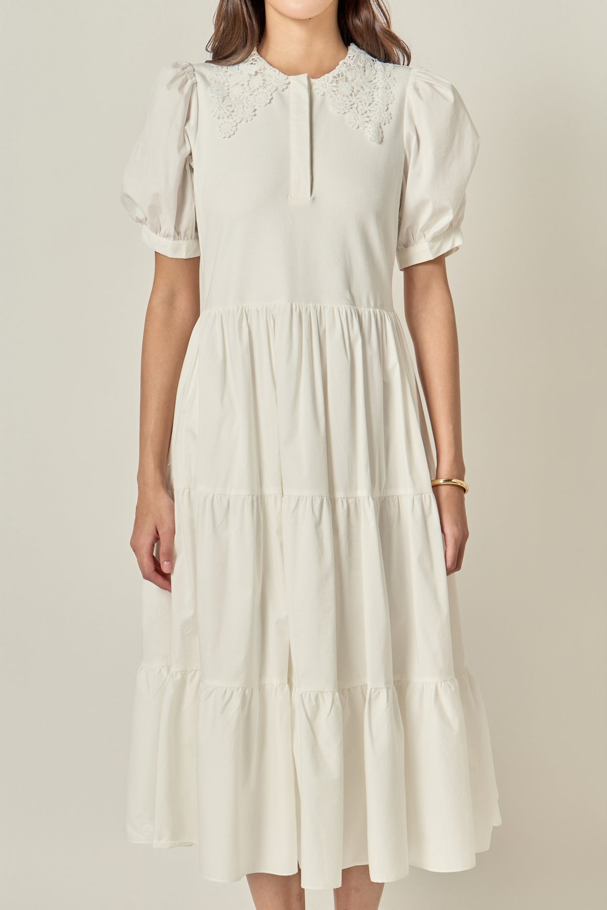 Mixed Media Embroidered Collar Midi Dress