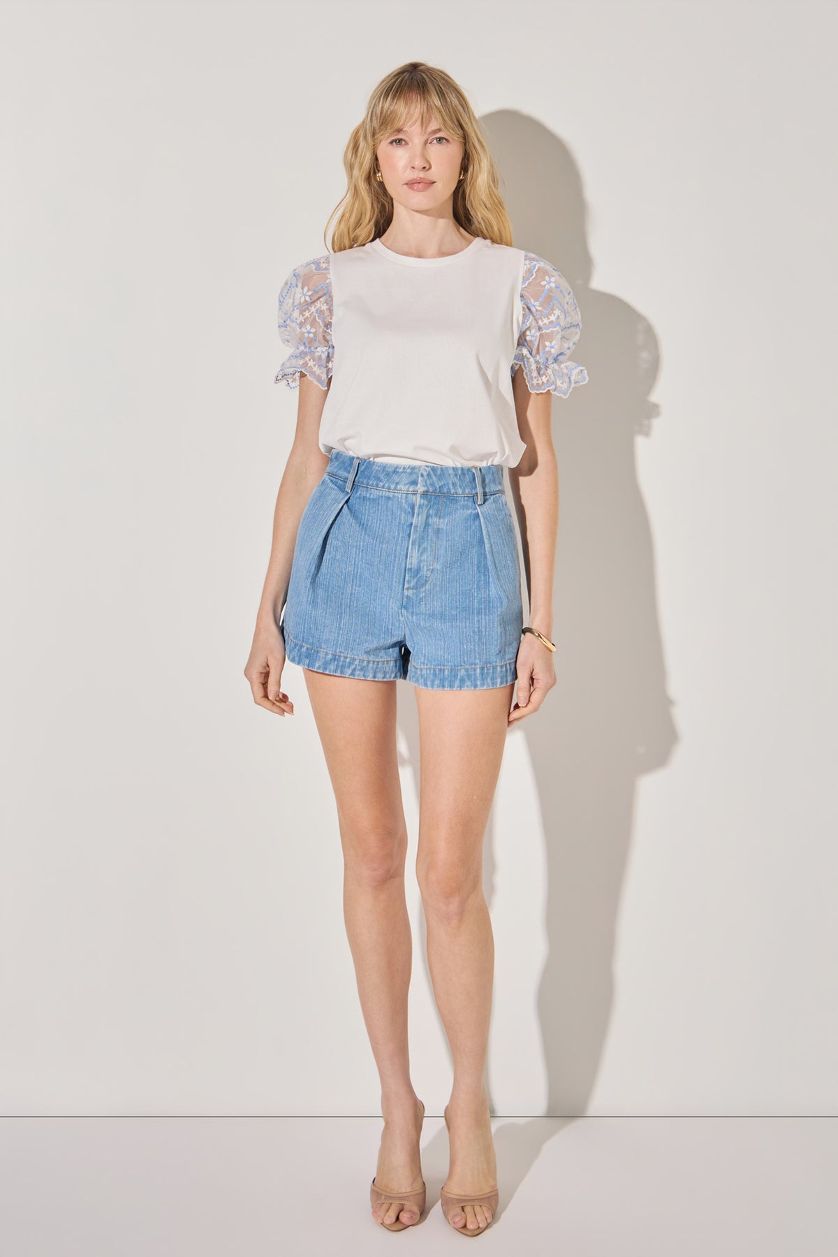 Embroidery Mixed Media Puff Sleeve Top
