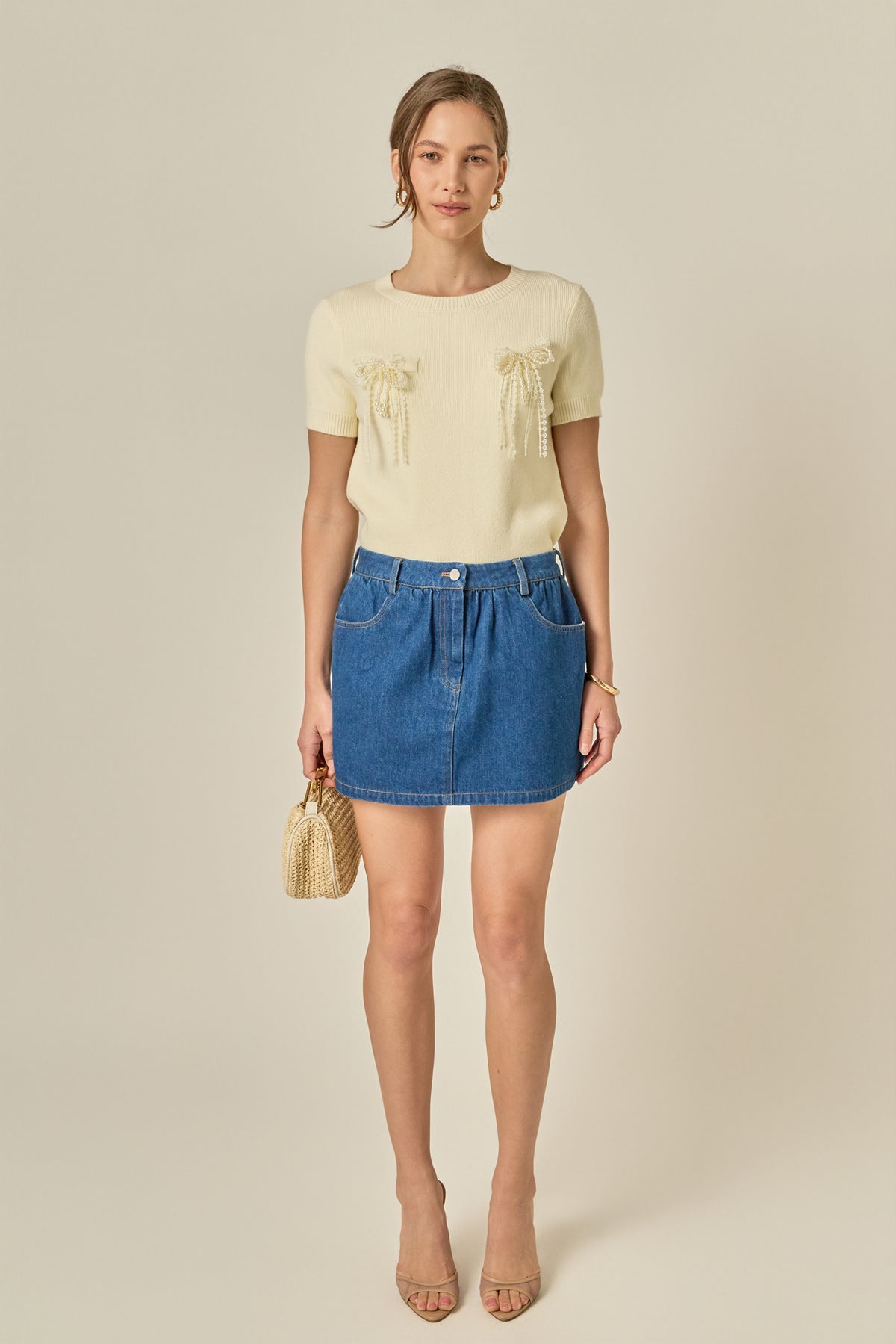 Short Sleeve Knit Top with Bow Detail