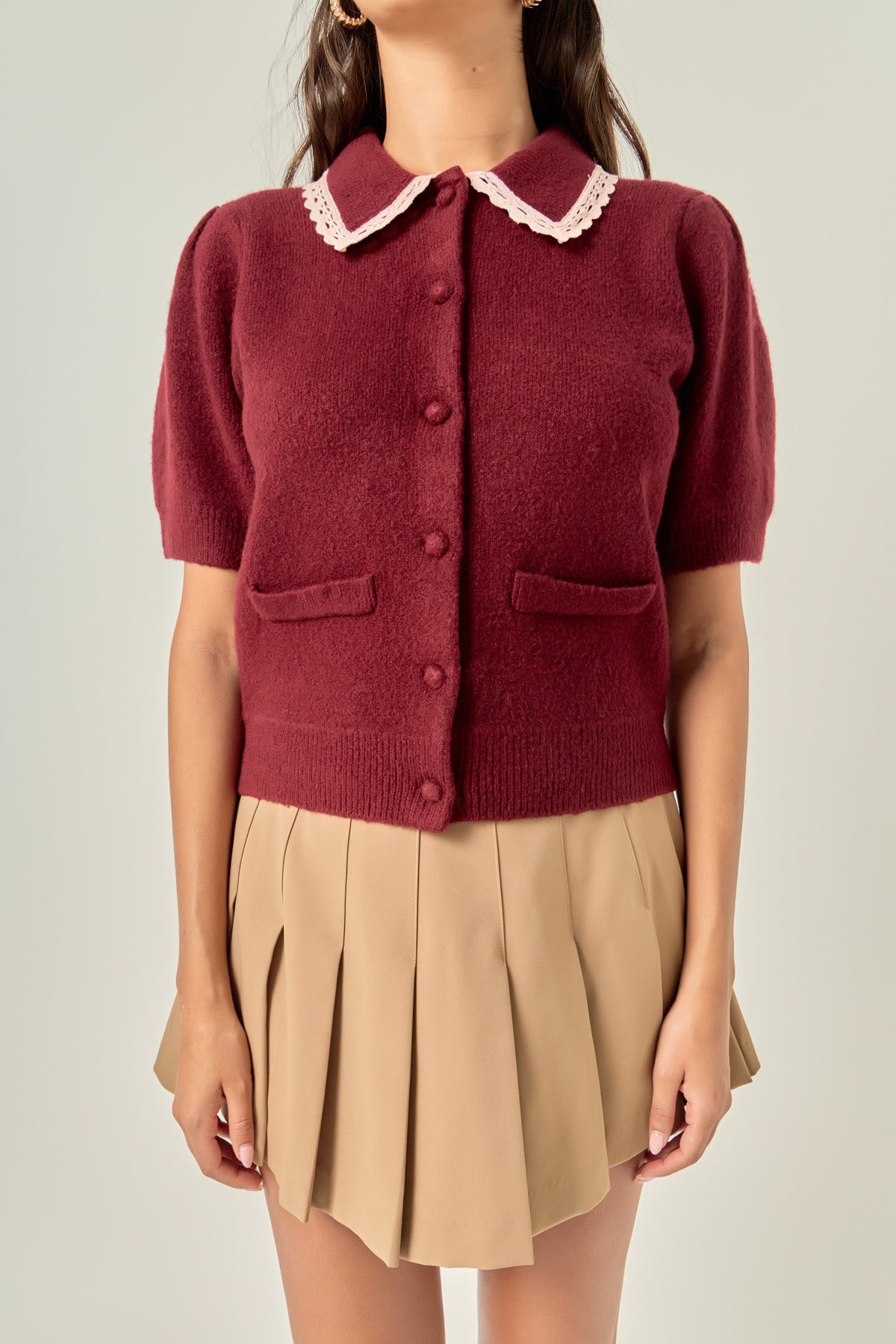 Lace Trimmed Puff Sleeve Knit Cardigan