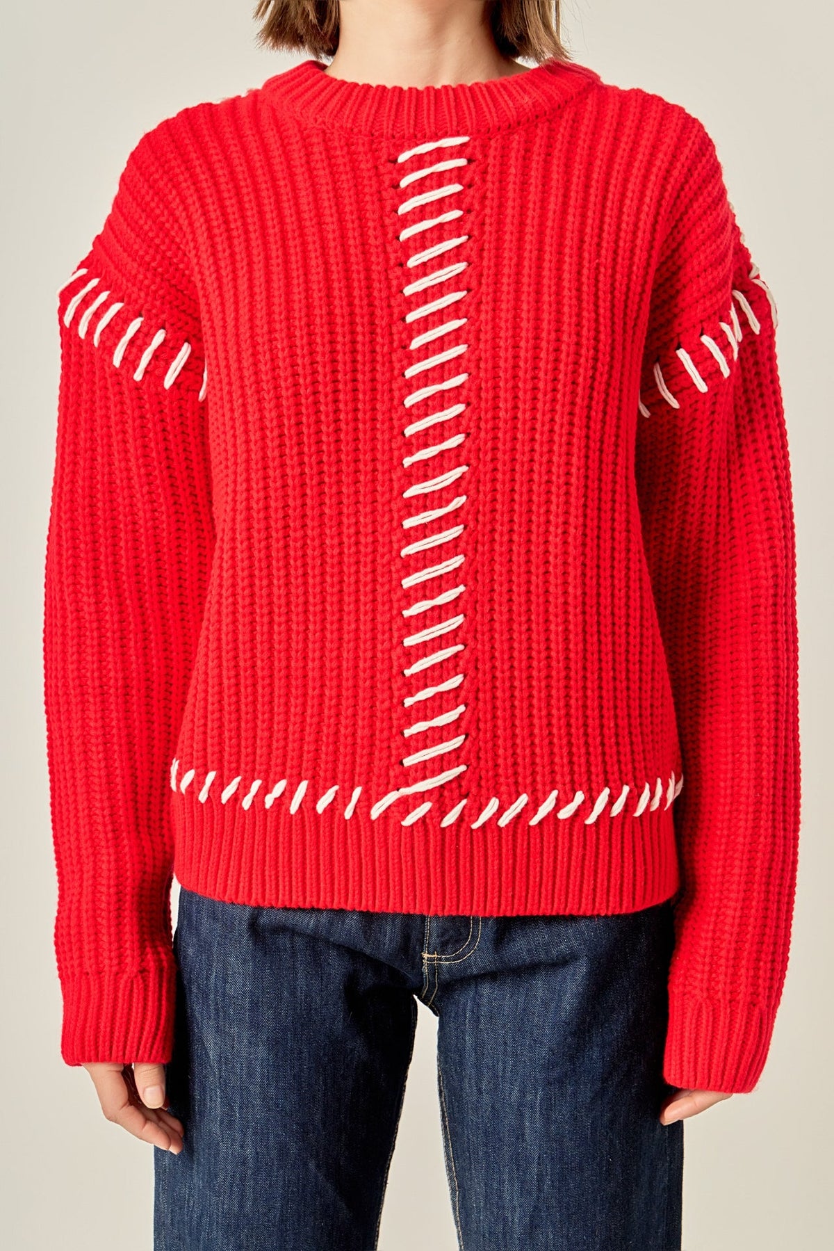 Stitch Detailed Chunky Crew Neck Knit