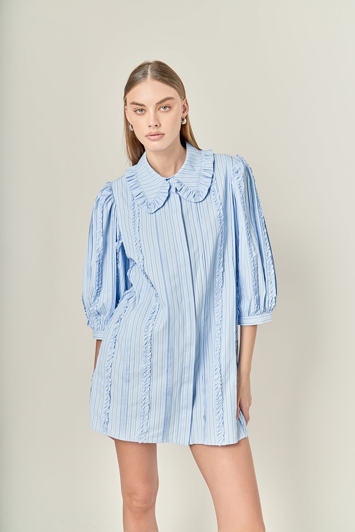 Pintuck and Ruffle Detail Shirt Dress