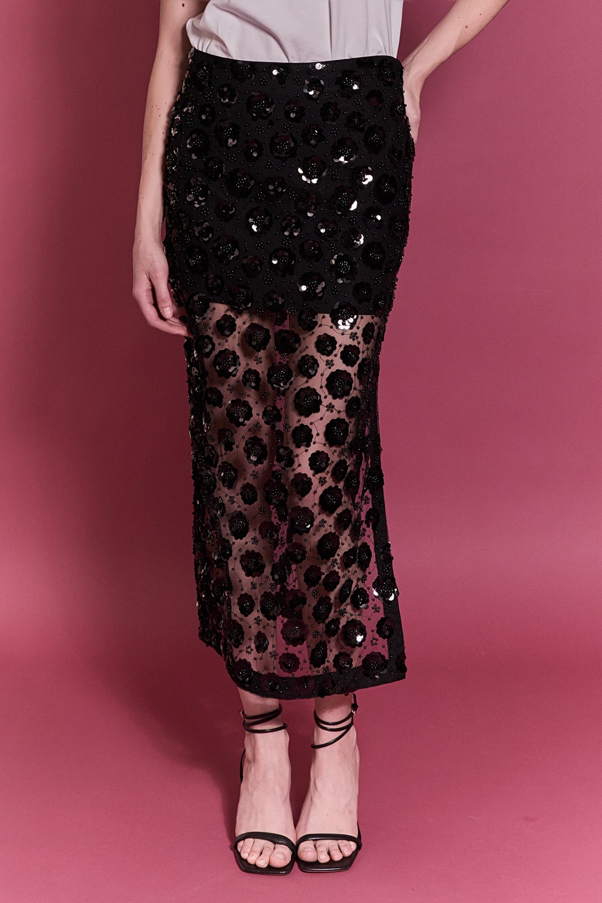 Flower Sequin Sheer Midi Skirt