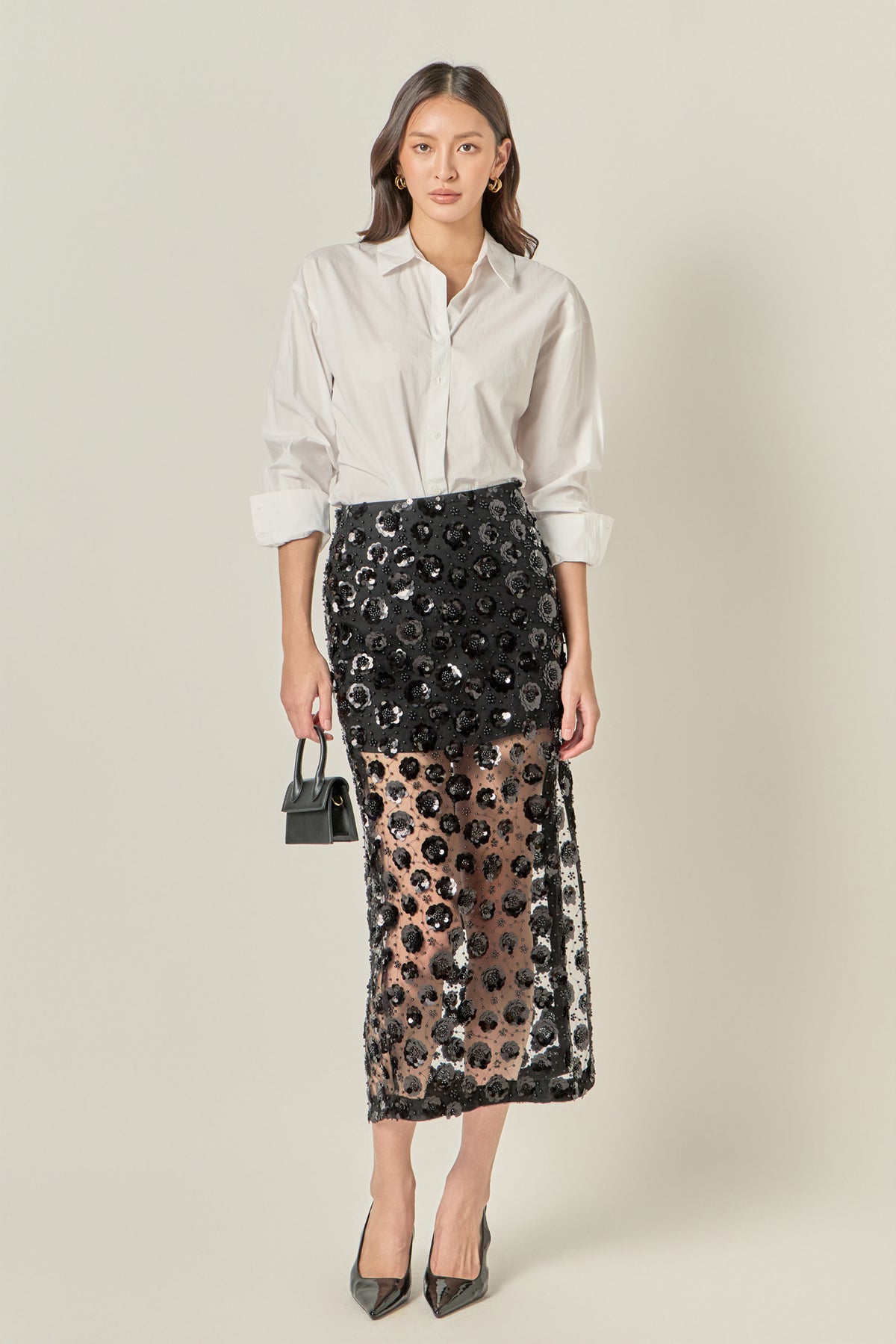 Flower Sequin Sheer Midi Skirt