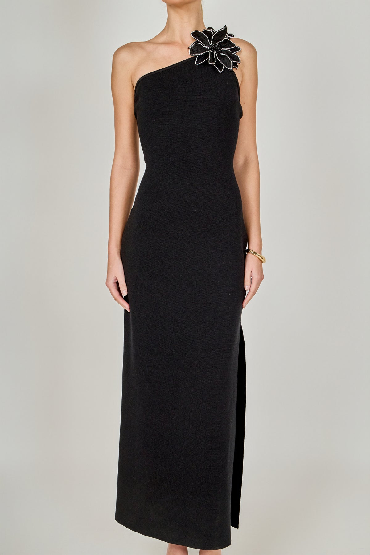 Flower Detail One Shoulder Knit Maxi Dress