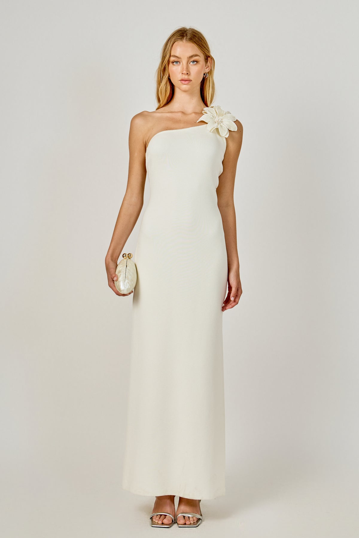 Flower Detail One Shoulder Knit Maxi Dress