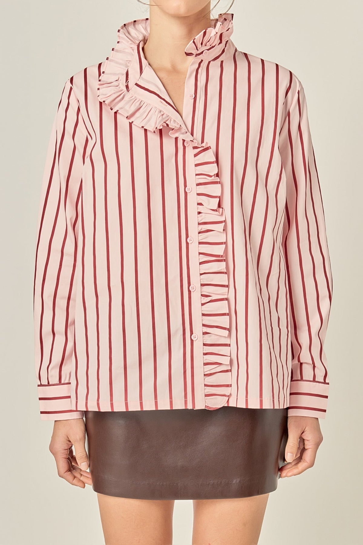 Ruffled Stripe Button-Up Shirt