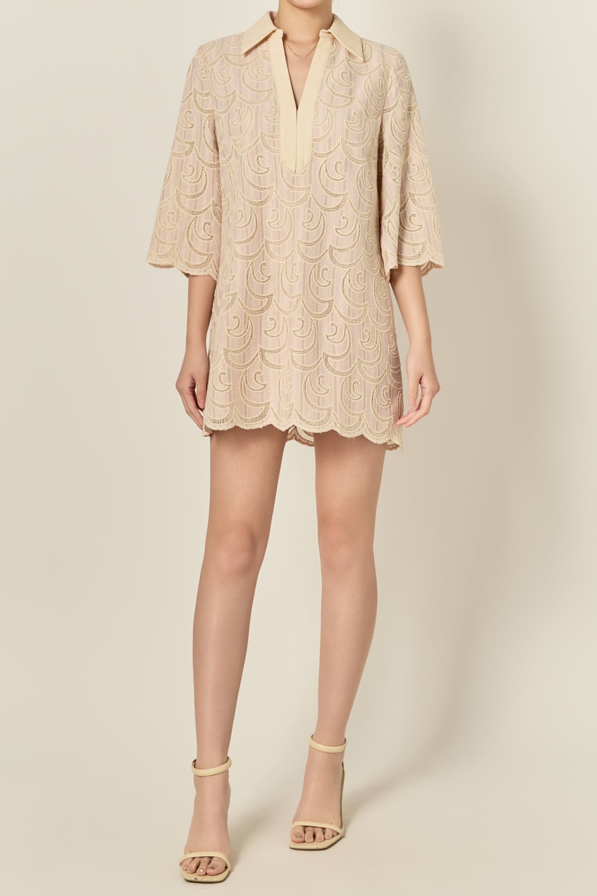 Striped Embroidered Scalloped Hem Shirt Mini Dress