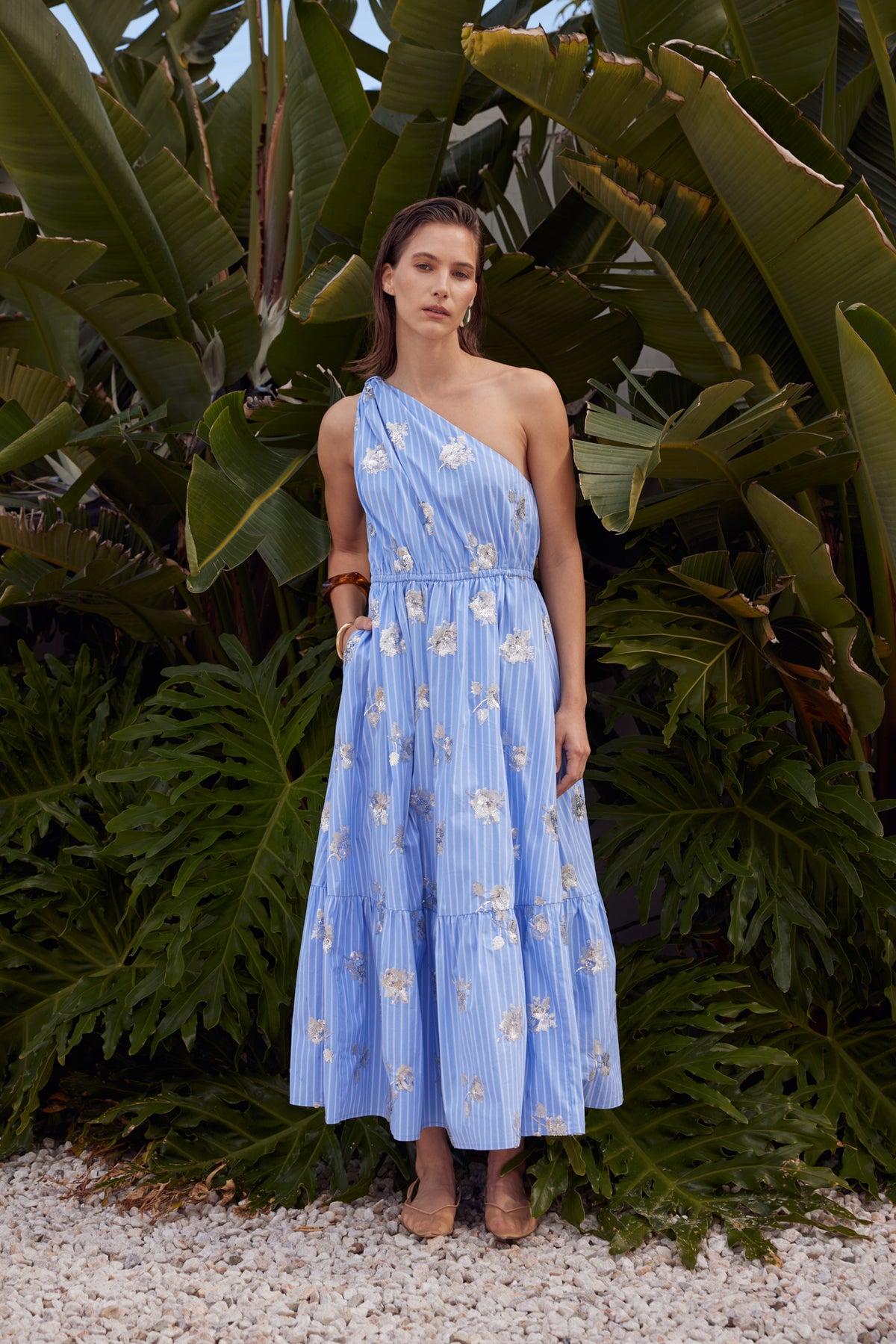 Striped With Floral Sequin Applique Maxi Dress