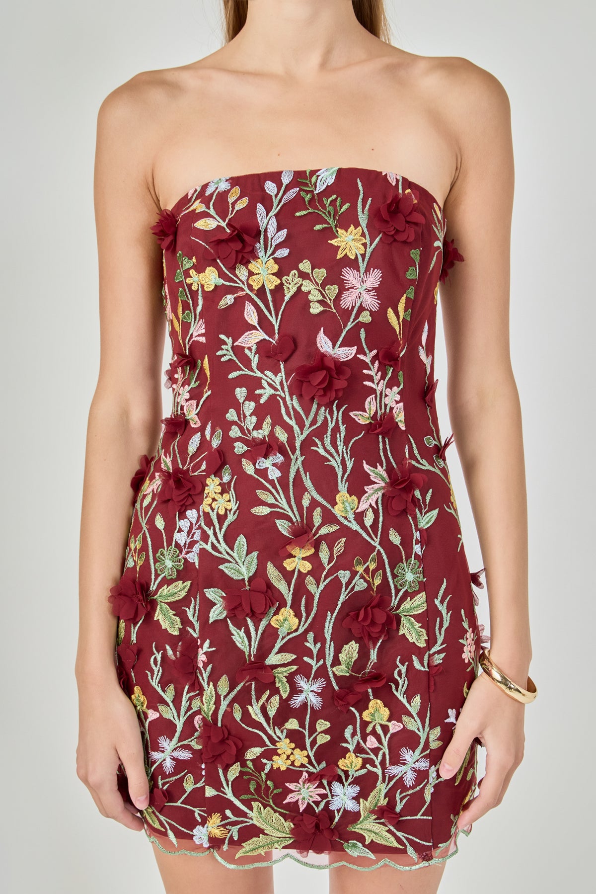 Strapless 3D Floral Mini Dress