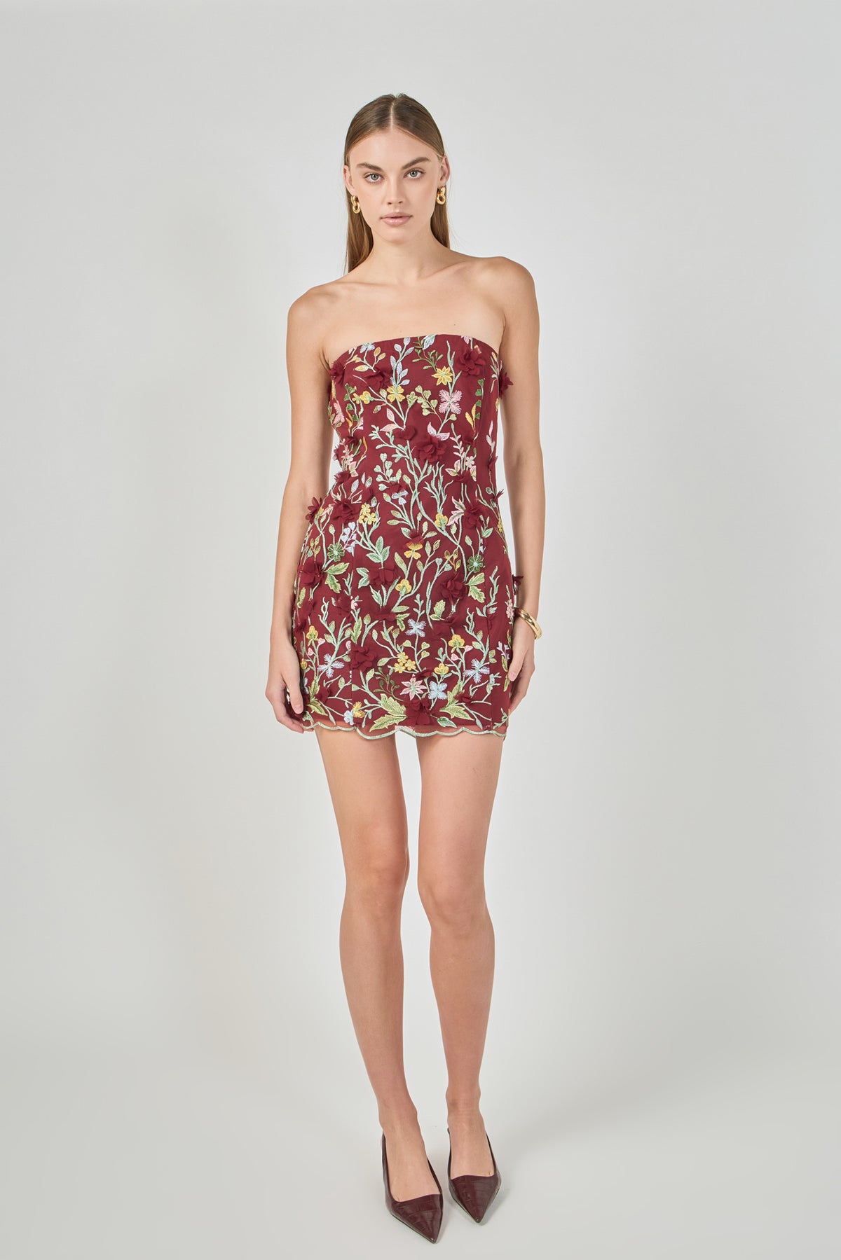 Strapless 3D Floral Mini Dress
