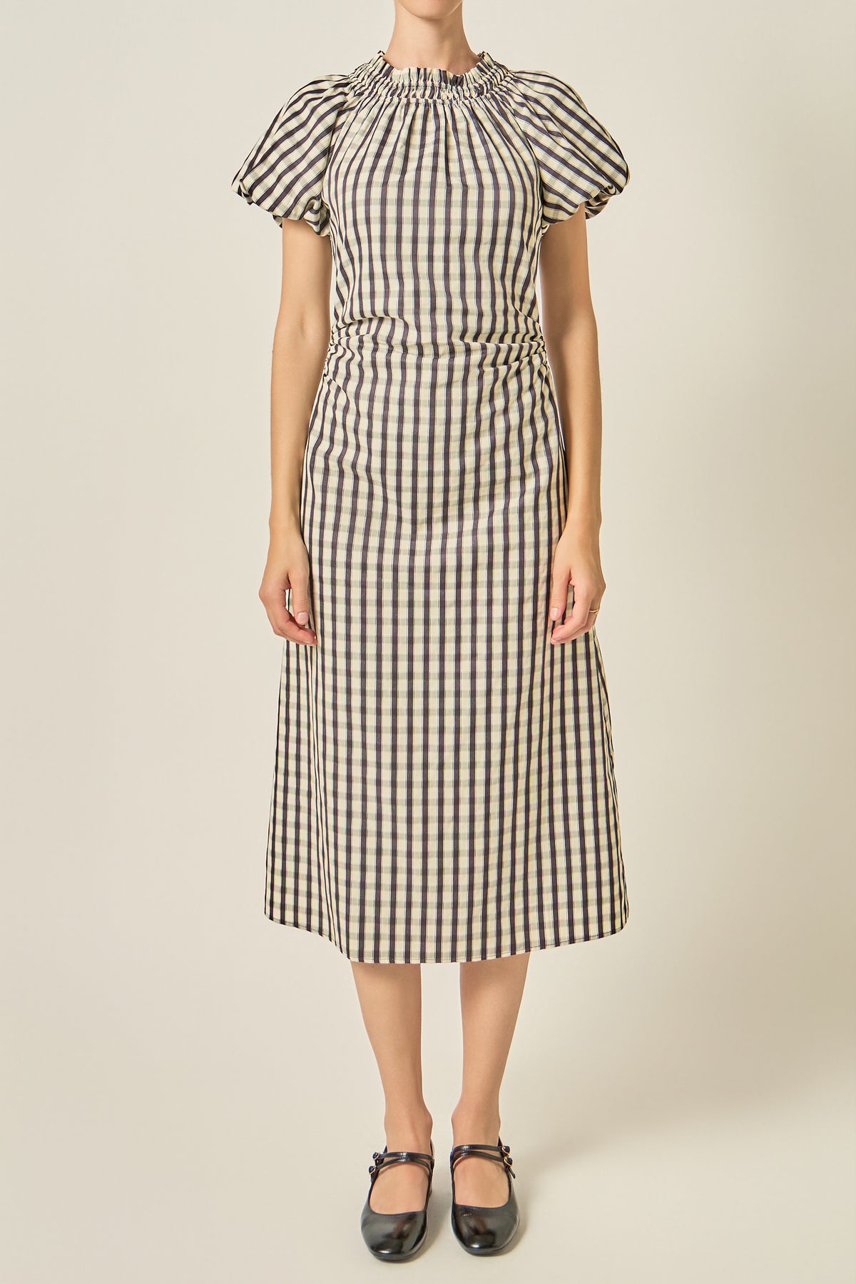 Smocked Neck Gingham Midi Dress