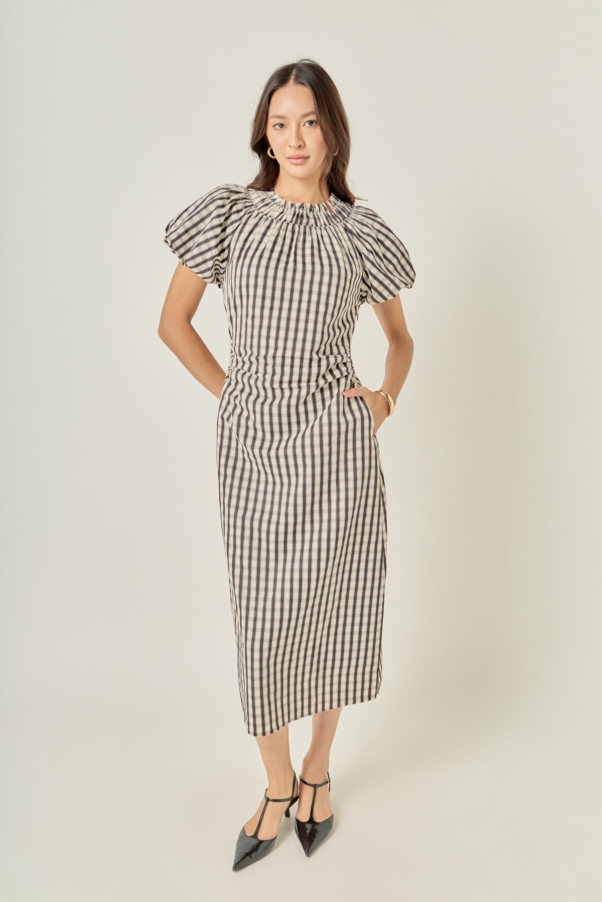 Smocked Neck Gingham Midi Dress