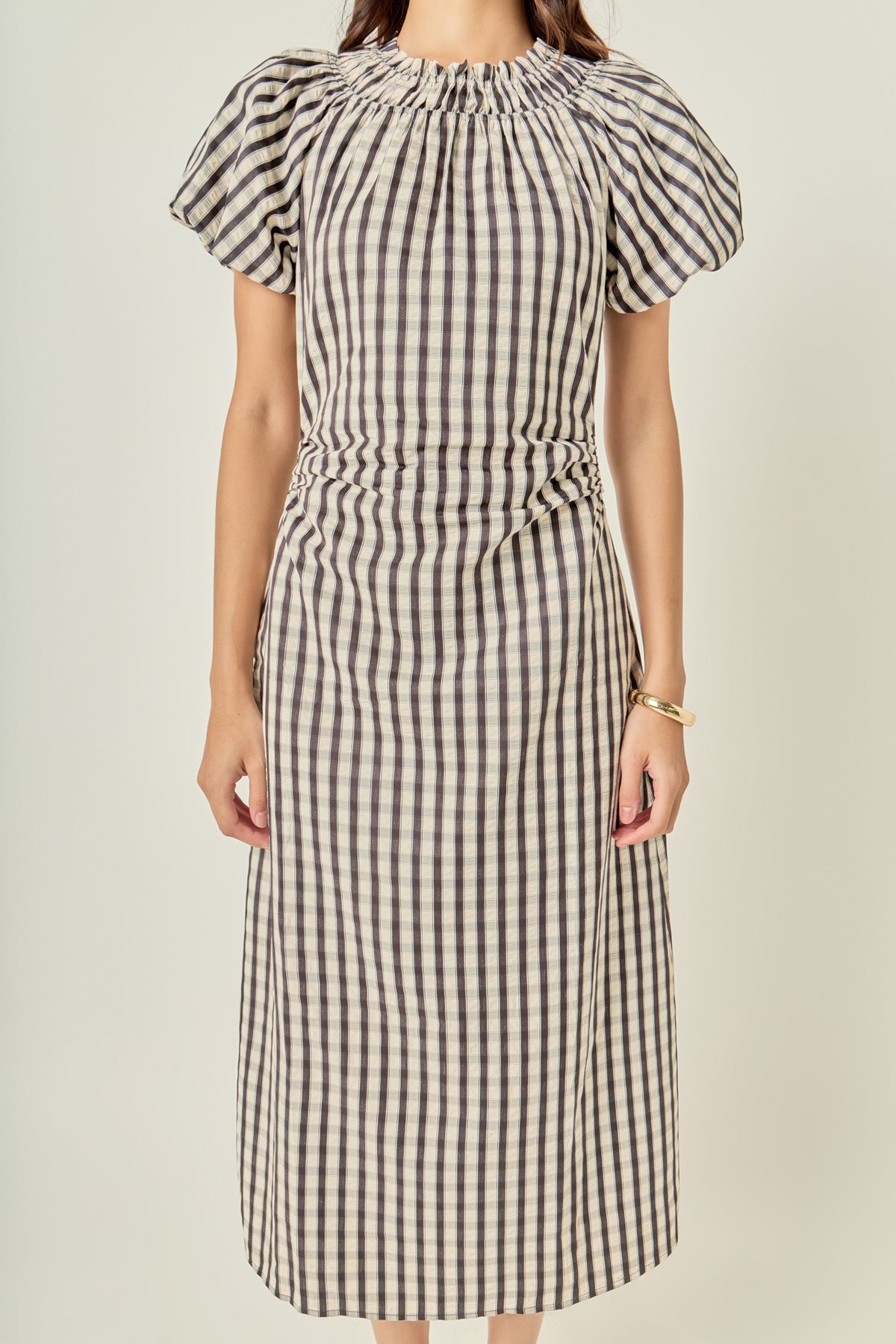 Smocked Neck Gingham Midi Dress