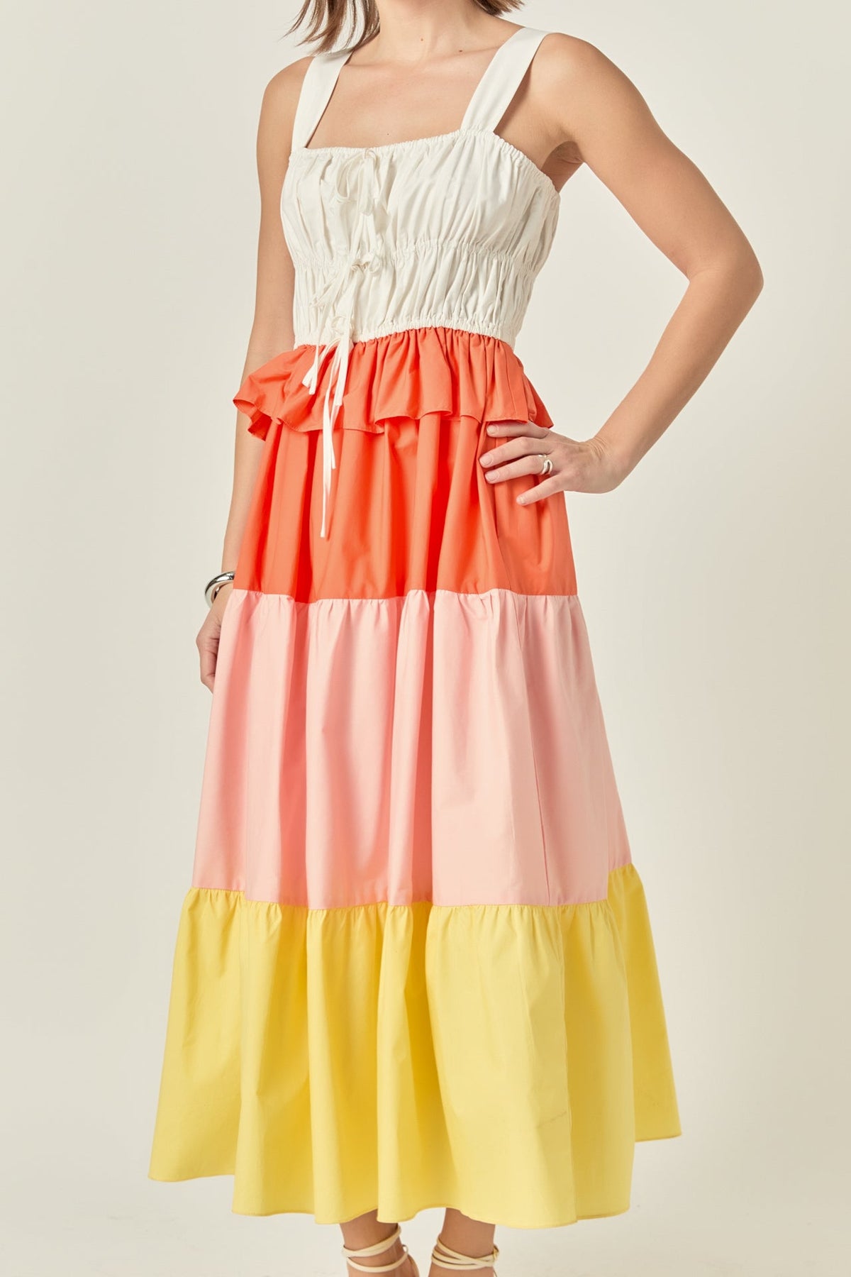 Color Block Tied Detail Shirring Dress