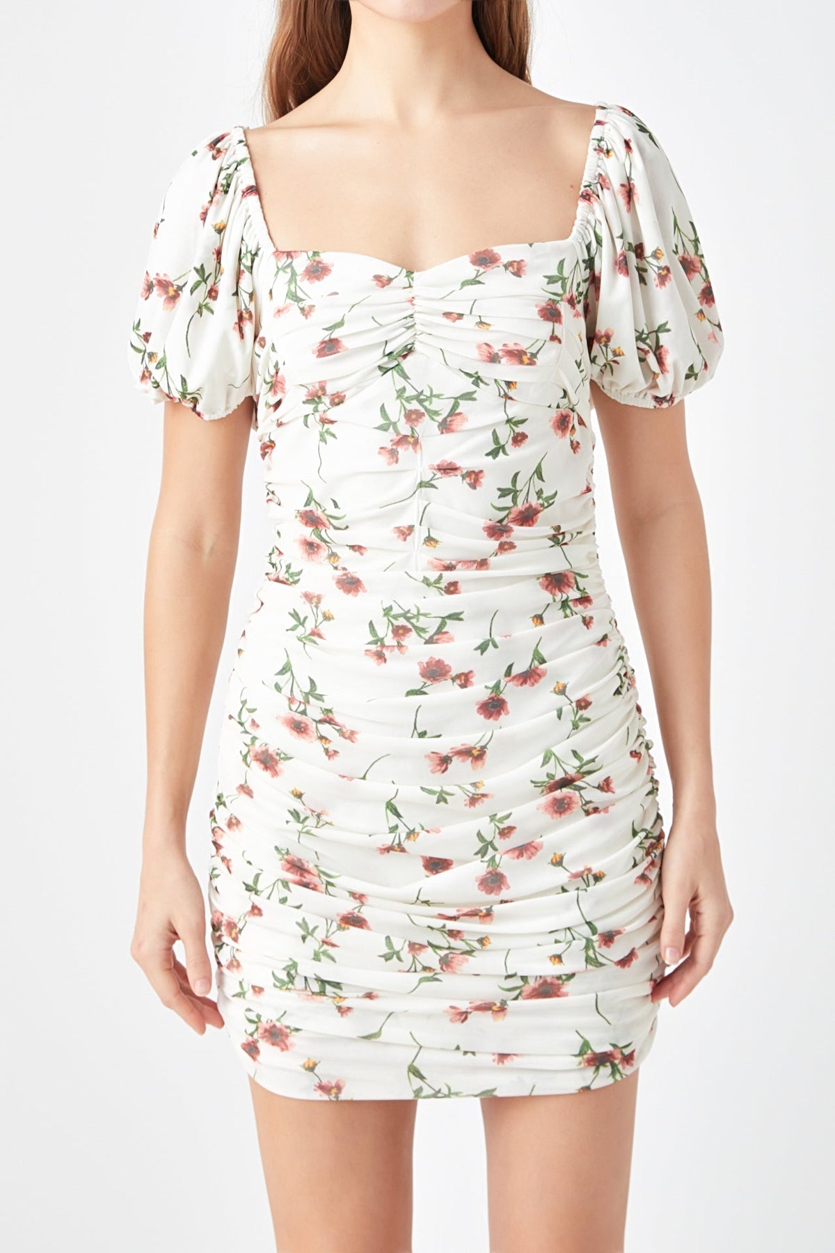 ENDLESS ROSE - Floral Mesh Ruched Mini Dress with Short Sleeves - DRESSES available at Objectrare