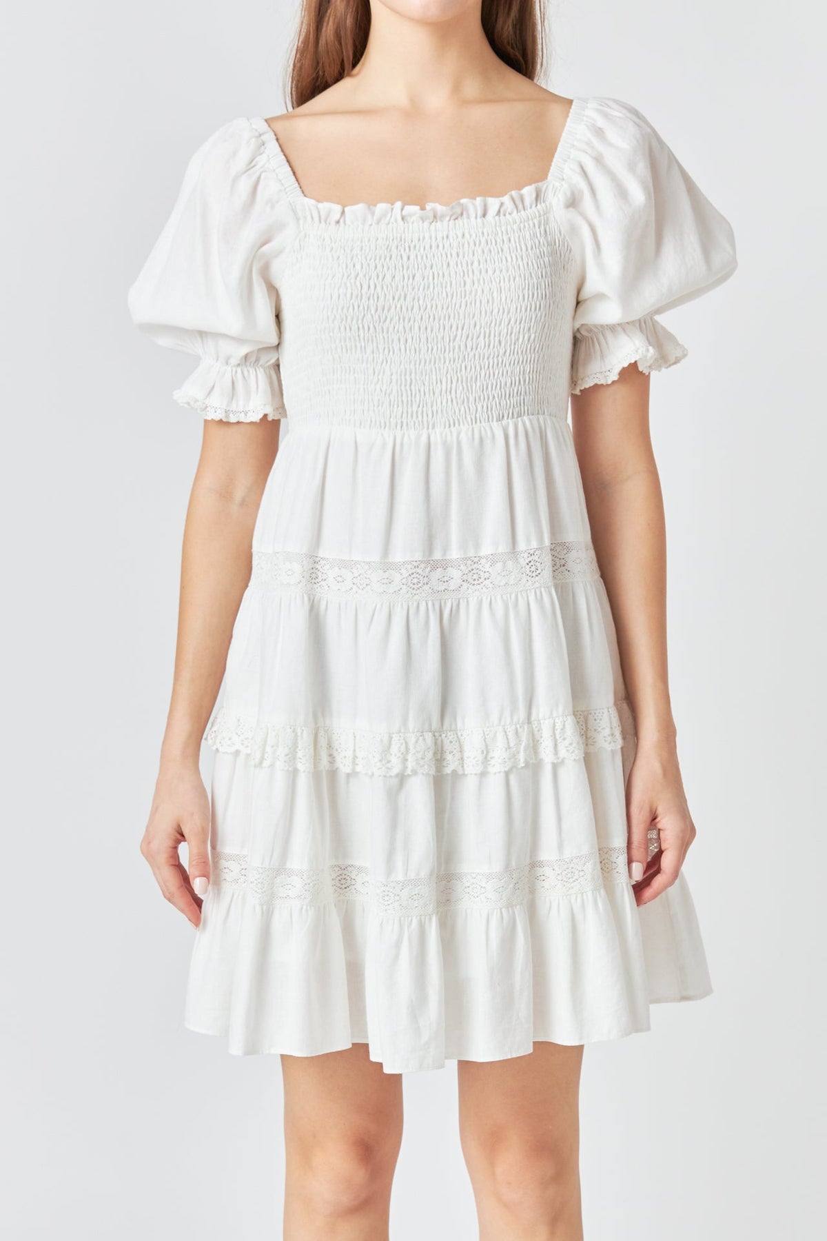 ENDLESS ROSE - Linen Smocked Mini Dress with Lace - DRESSES available at Objectrare