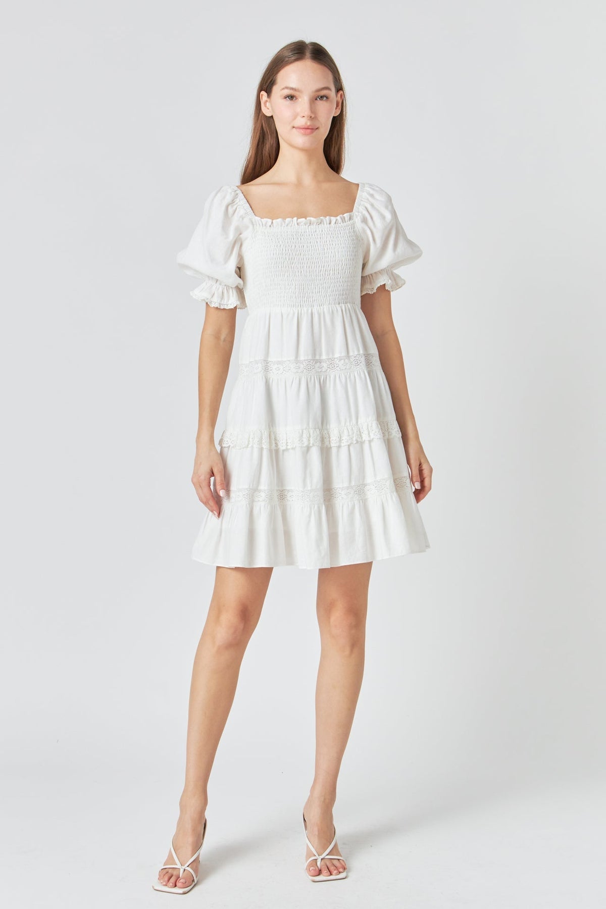ENDLESS ROSE - Linen Smocked Mini Dress with Lace - DRESSES available at Objectrare