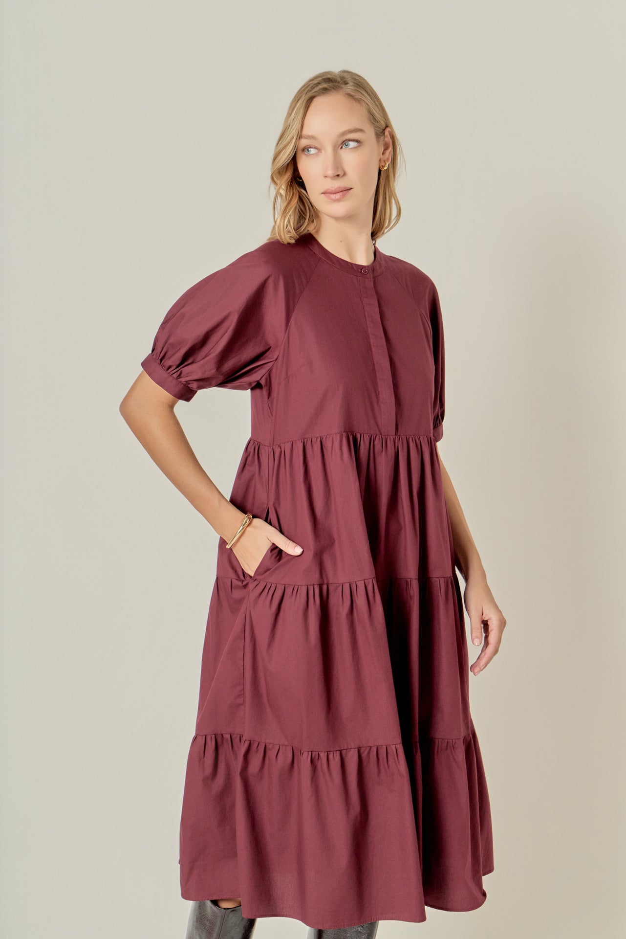 Short Puff Sleeve Midi Dress