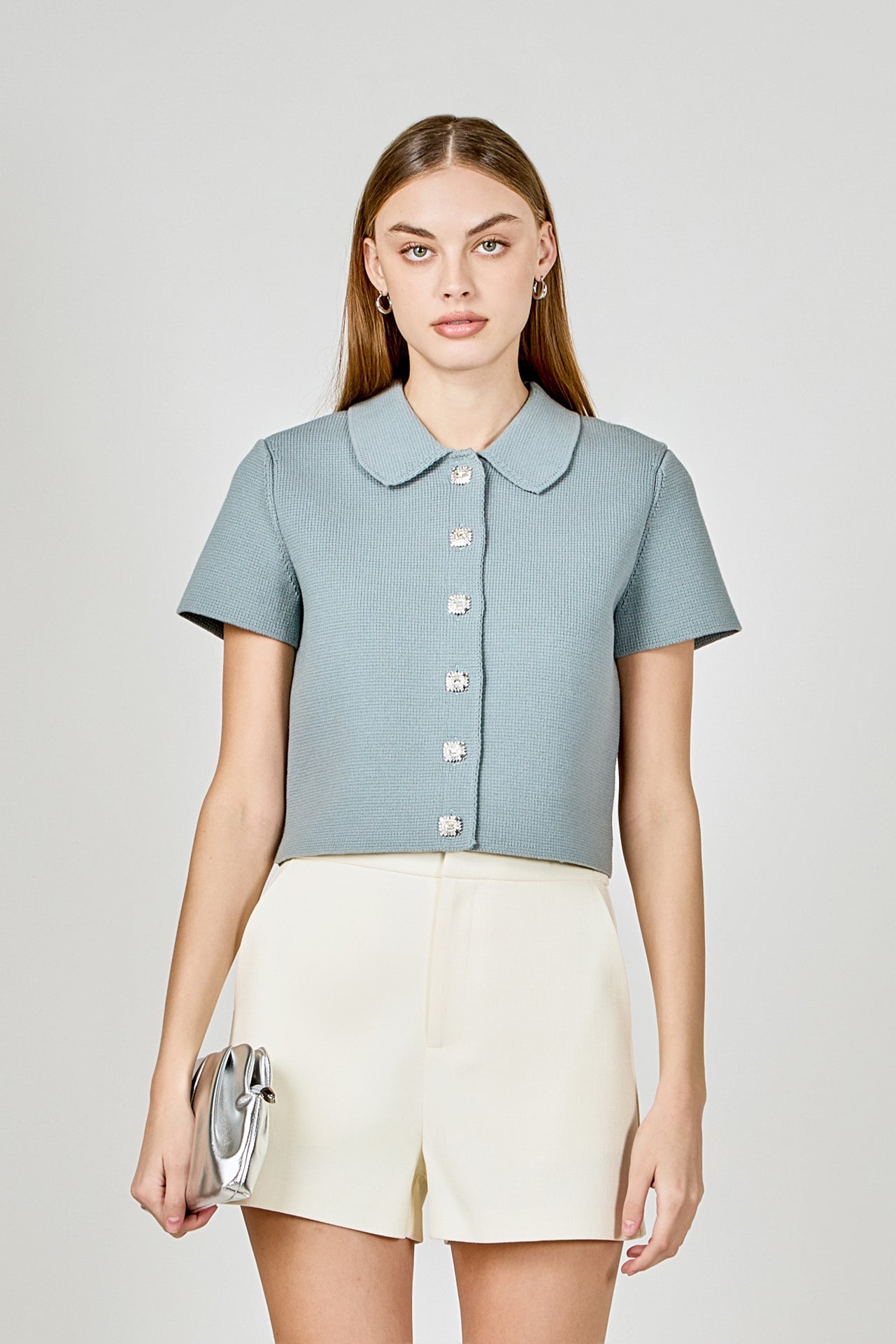 Jewel Buttoned Cropped Knit Top