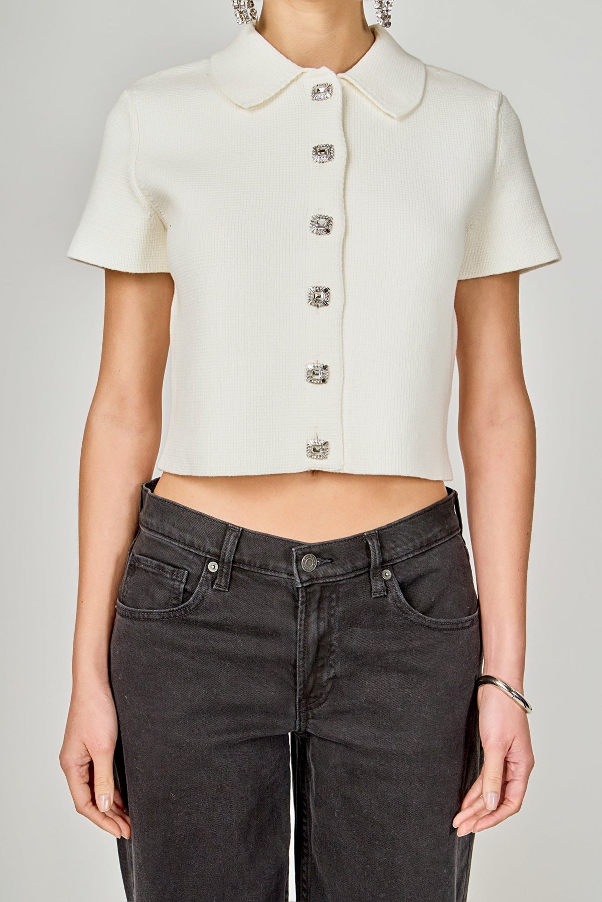 Jewel Buttoned Cropped Knit Top