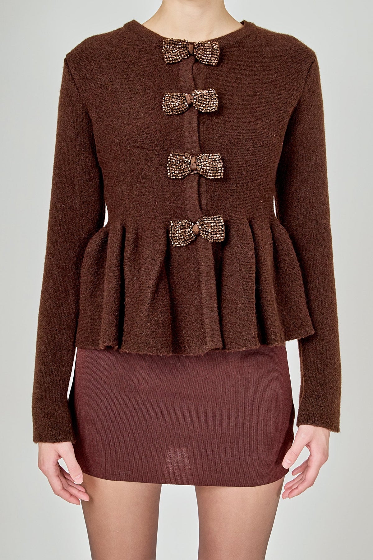 Bow Trim Flared Cardigan