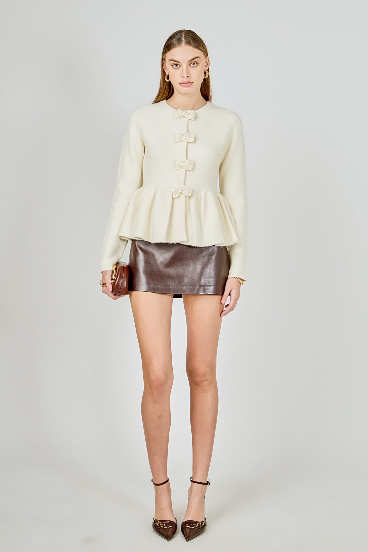 Bow Trim Flared Cardigan